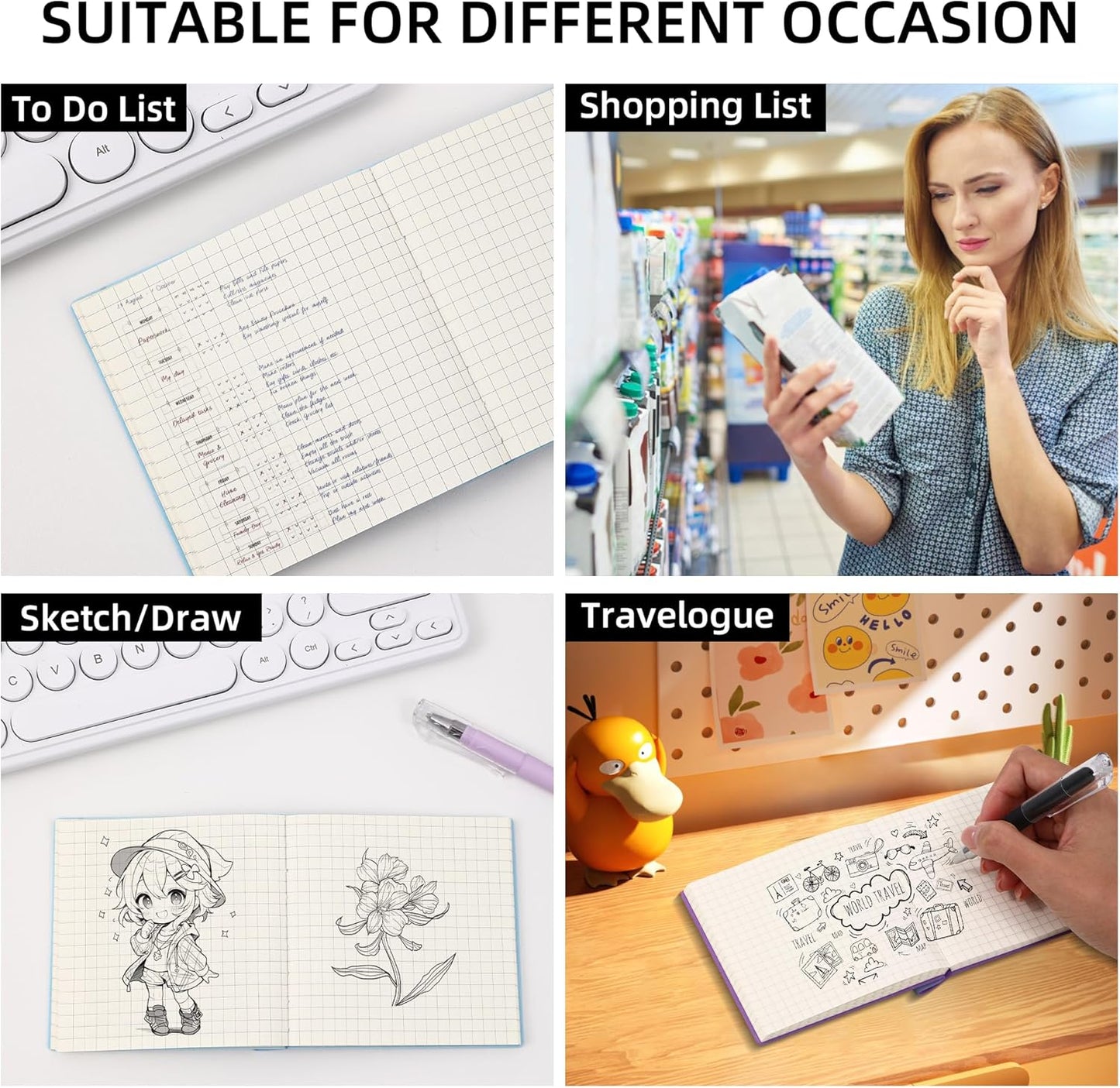 BOBO RABBIT 3 Pack Mini Grid Notebooks Pocket Size Graph Paper Journal 200 Pages Steno Pads Memo Notebook Small Soft Leather Cartoon Capybara Pattern Cute Journal for Writing Sketching Drawing Lay Flat, 3.9"x3.9" Inner(Mini Square)