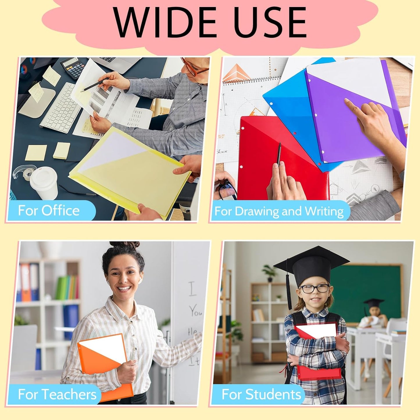 Maitys 50 Pack Binder Pockets 3 Hole Punch Clear Plastic Document Folders Binder Organizer Store Letter Size 8.5x11 Inch Paper Folders with Pockets Slash File Jacket for Office (Multicolor)