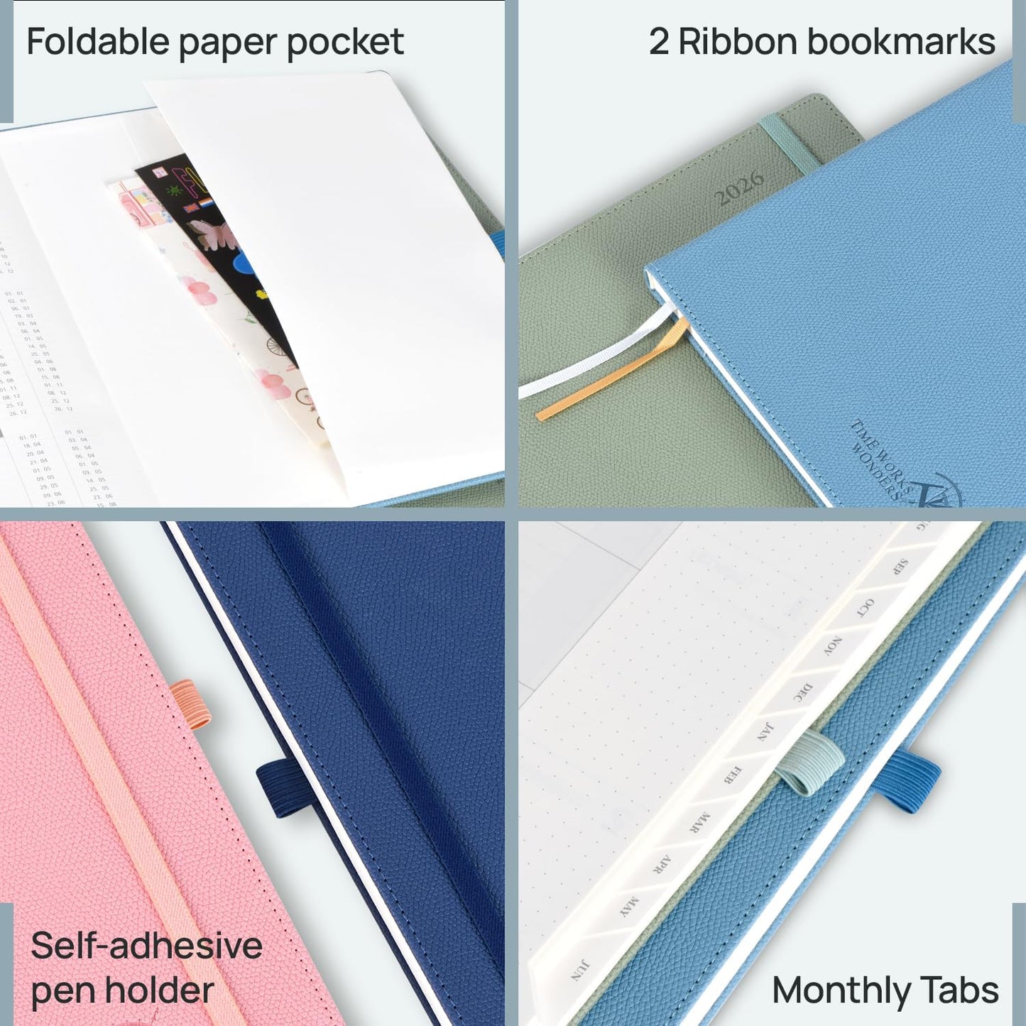 POPRUN 2026 Weekly & Monthly Planner Calendar, 8.5" x 10.5" Large, Horizontal Layout with Lined Sections, Jan. 2026 - Dec. 2026, Leather Hardcover, 100GSM Paper, Inner Pocket - Army Green