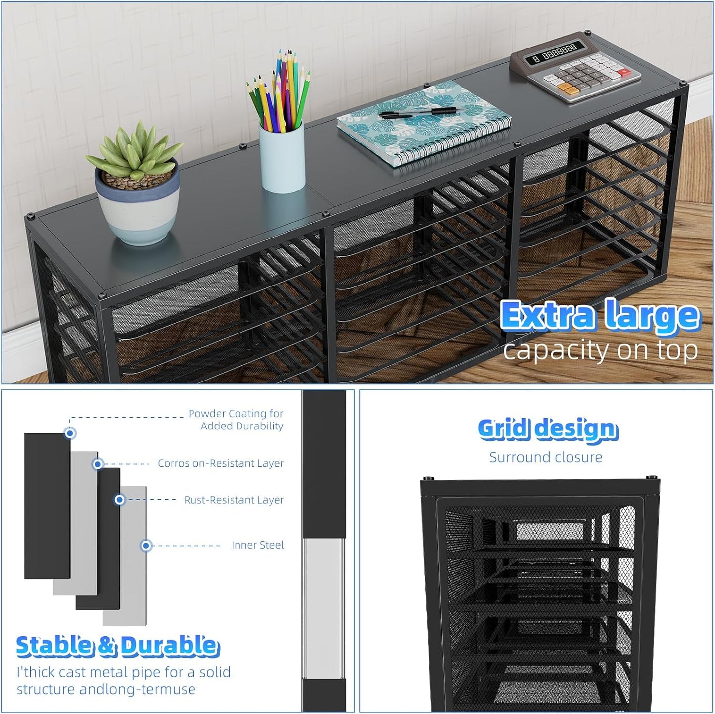 Simple Trending 19 Tier Desk File Organizer, Long Paper Letter Tray Organizer with 18 Mesh Sliding Trays for Office, DIY-able, Black