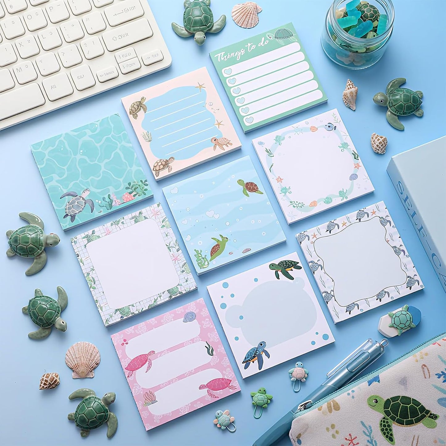 9 Pads Turtle Sticky Notes 3x3 Inch Cute Self Stick Notepads Notes Adhesive Memo Pad Office Decor Gifts for Students School Teacher Meeting Office Supplies