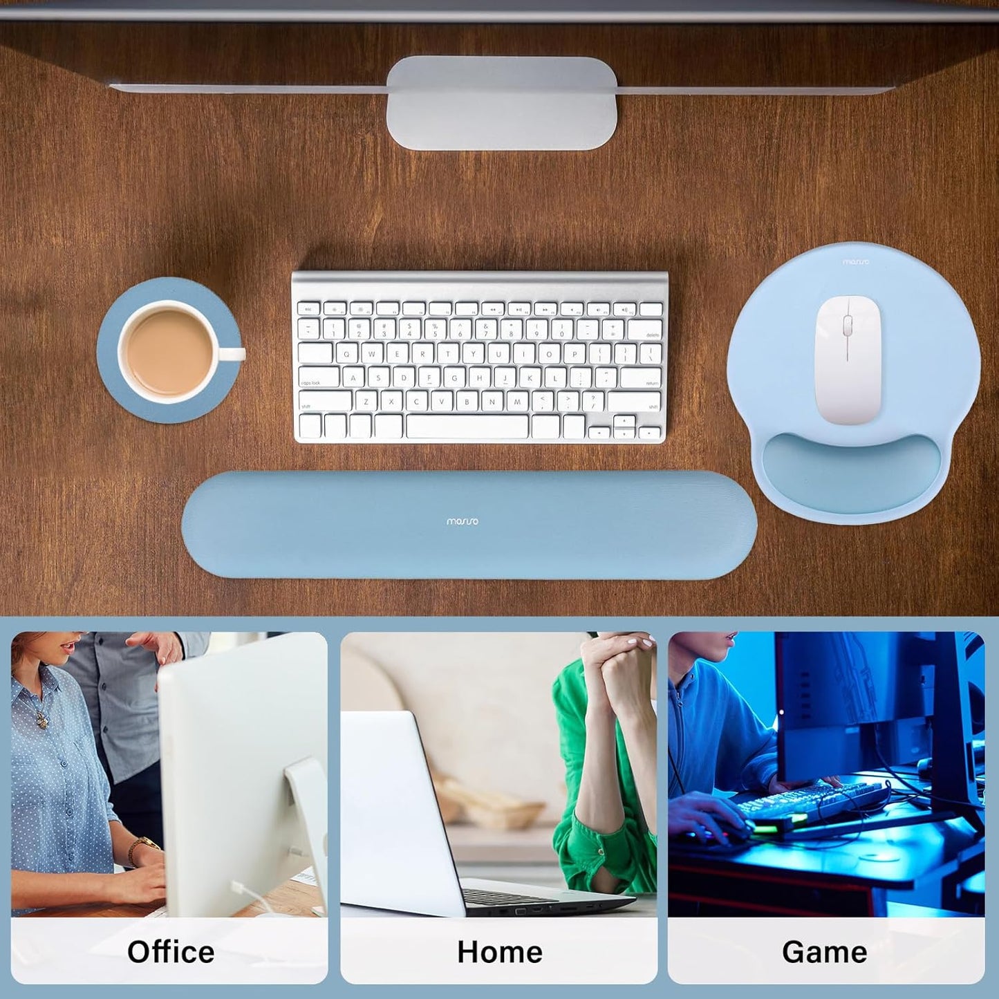 MOSISO Wrist Rest Support for Mouse Pad&Keyboard Set, Circle Curved Ergonomic Mousepad&Coaster Non-Slip Base Home/Office Pain Relief&Easy Typing Pad with Soft Cloth&Silicone Lining, Air Blue