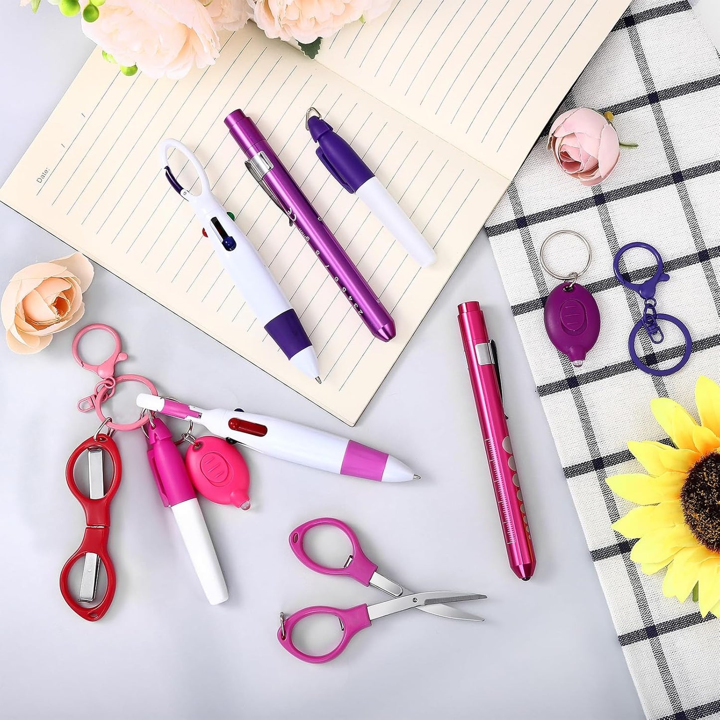 12 pcs Nurse Pen Set Two Colors Pink Purple Include Permanent Marker Pen Pen Lights for Nurses Retractable Ballpoint Pen Nursing Keychain Clip Foldable Scissors LED Flashlight Keychain for Nurses