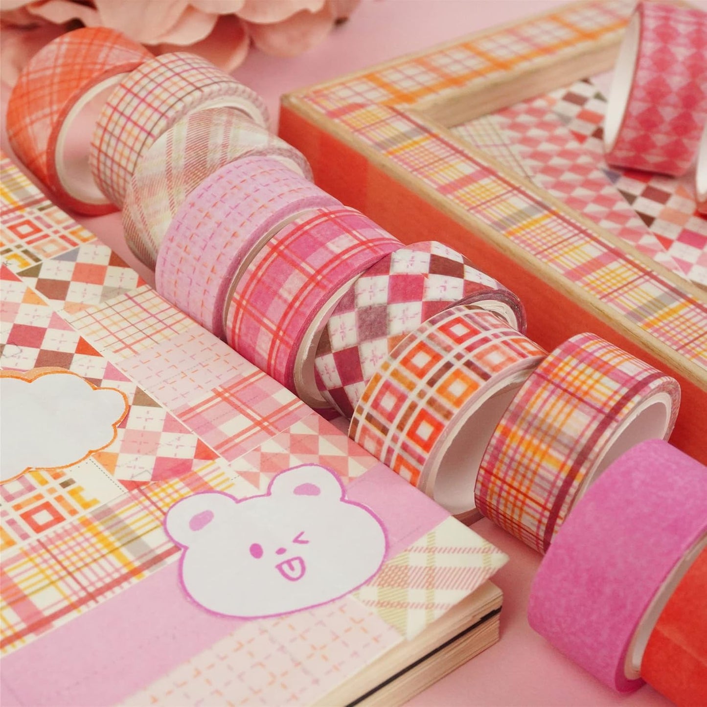 YUBX Basic Grid Washi Tape Set 12 Rolls Plaid Decorative Masking Tapes for Arts, DIY Crafts, Journals, Planners, Scrapbook, Wrapping (Pink)