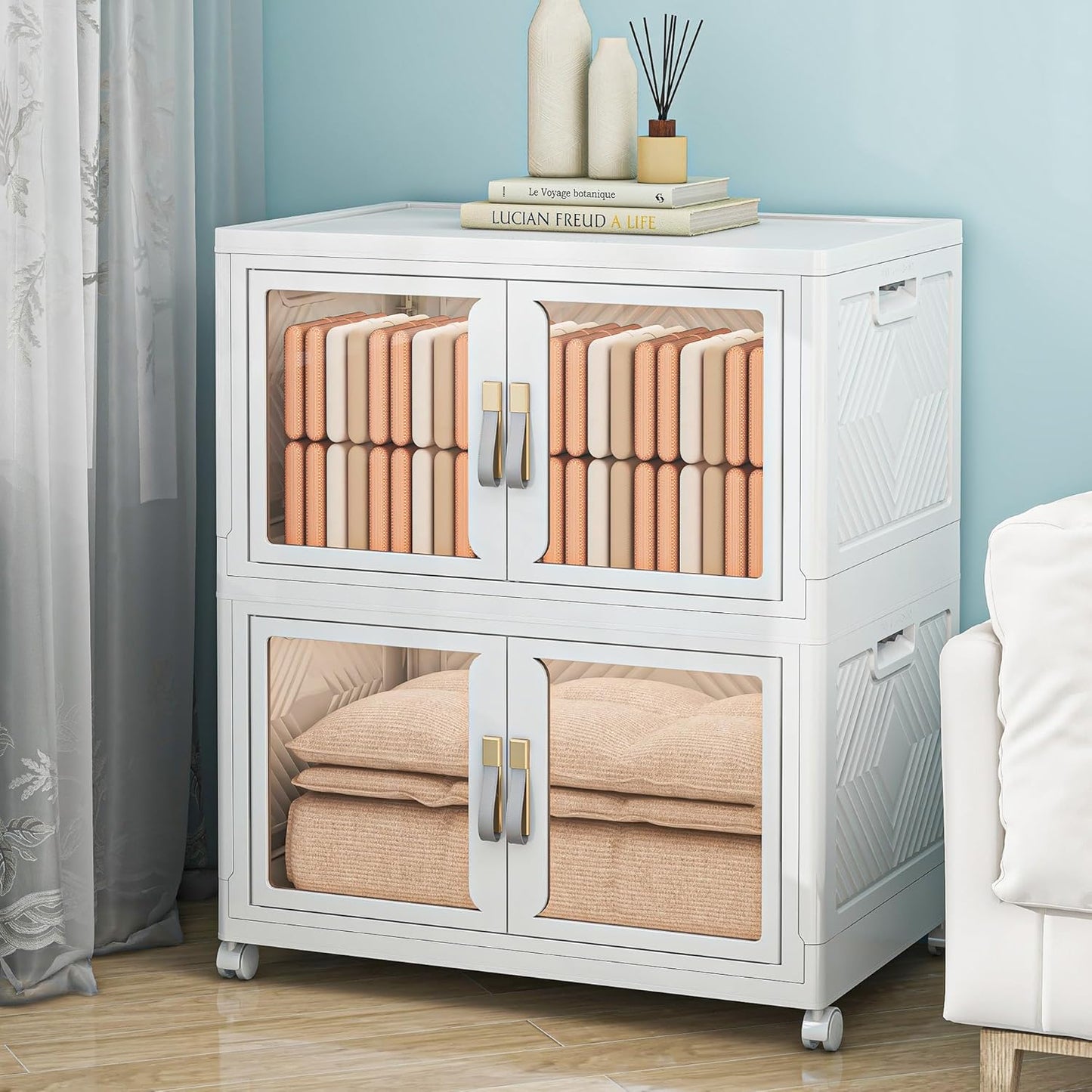 Large Stackable Storage Bins with Lids, 330QT-165QT*2Tier Foldable Cabinet for Closet Organizers, Plastic Storage Containers Box with Wheels