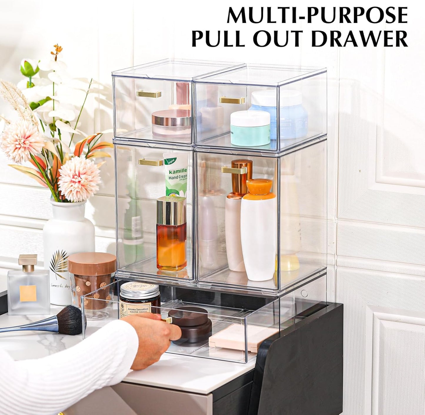 Set of 5 Stackable Storage Drawers, Clear Acrylic Organizer Bins for Beauty Supplies, Perfect for Makeup Vanity, Undersink, Kitchen, Cabinet,Pantry Organization and Storage