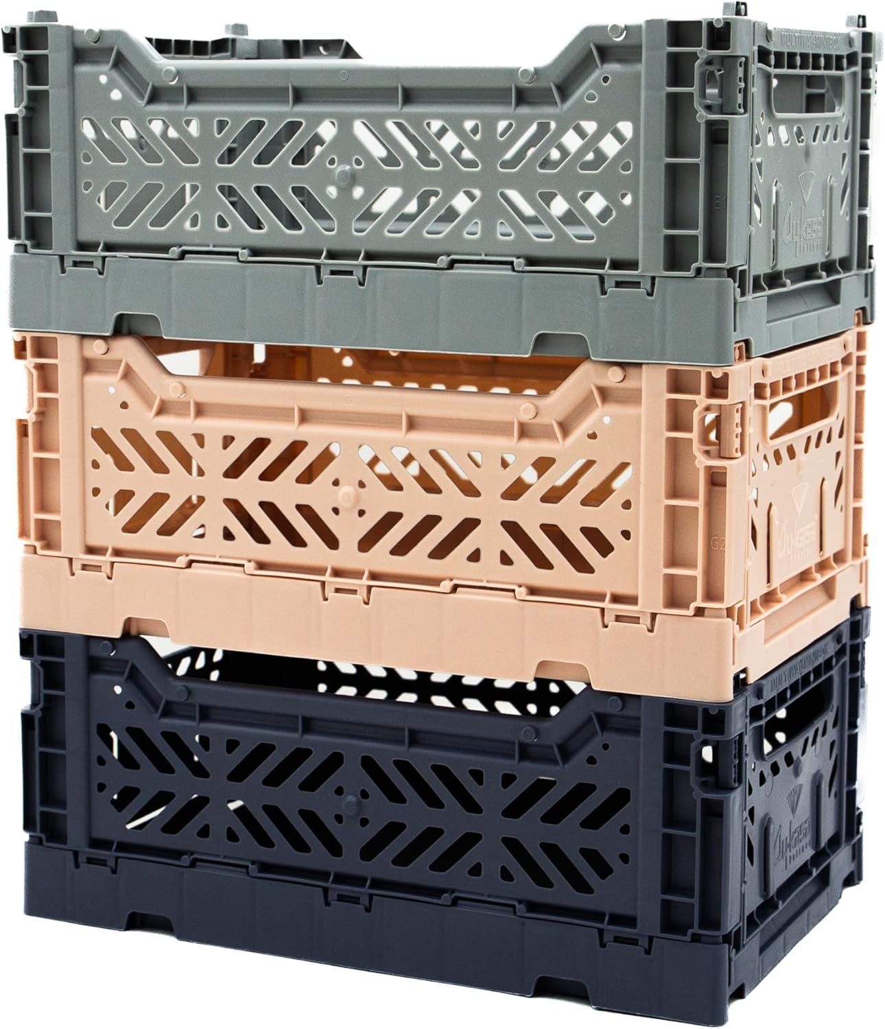 Collapsible Storage Box, Foldable Crate Organizer Bin with Handle, Stackable Crates for Home Organization (Gray-MilkTea-Navy, 4L - 3-Pack)
