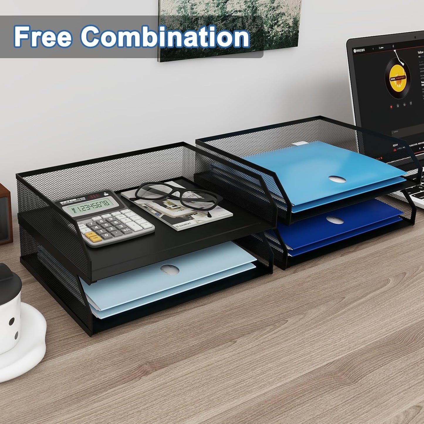 Natwind 4-Tier Stackable Paper Tray, Metal Mesh Desktop Organizer, A4 Paper Sorter, Letter Trays,File Folder Sorter Organizer with Sliding Tray for Home, Office, School (Black)