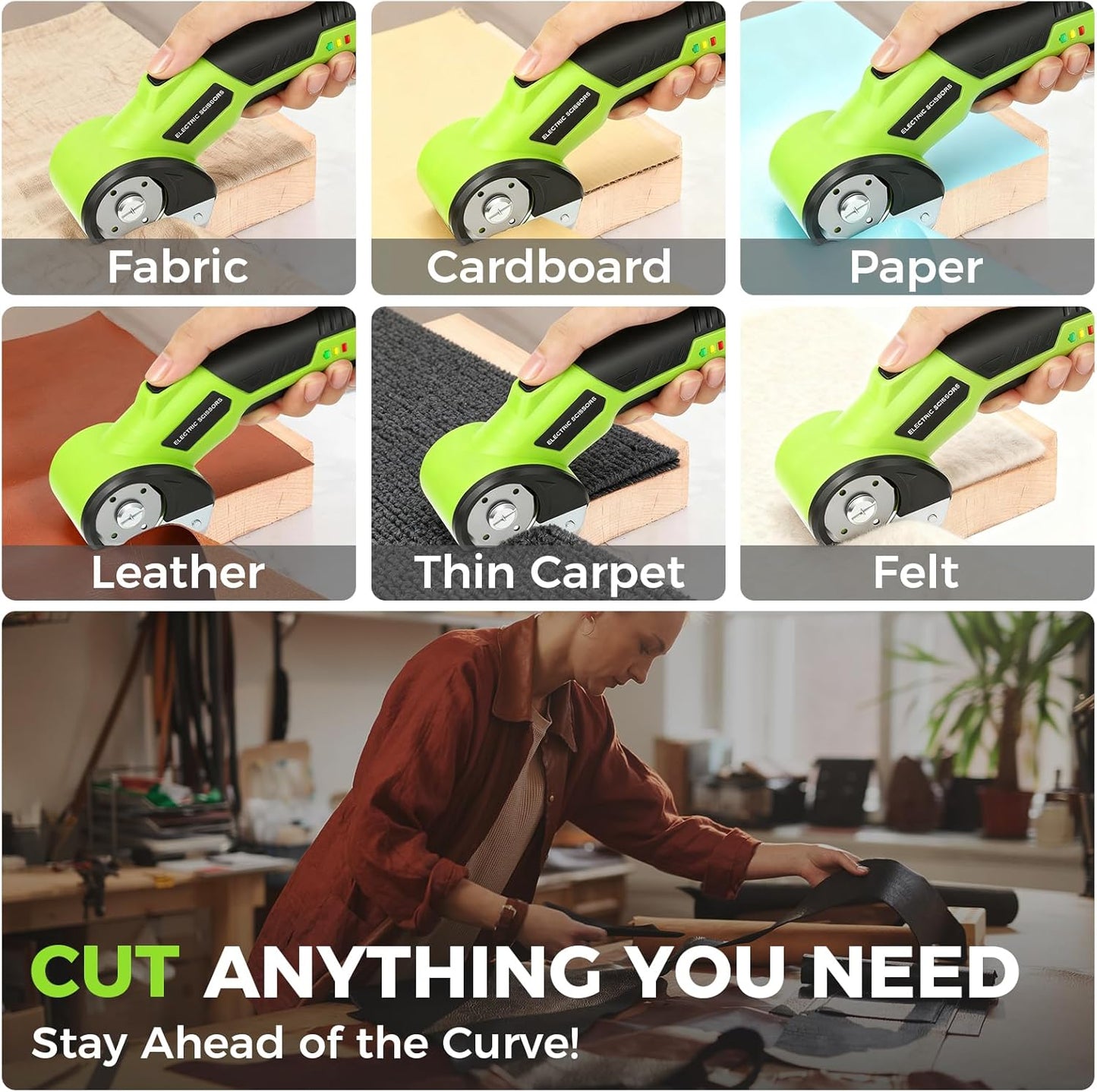 Cordless Cardboard Cutter with Safety Lock & LED – 4V Rechargeable, Extra Blade Included, Electric Box Cutter for Cardboard, Fabric Rotary Cutter for Wrapping Paper, Carpet & Leather