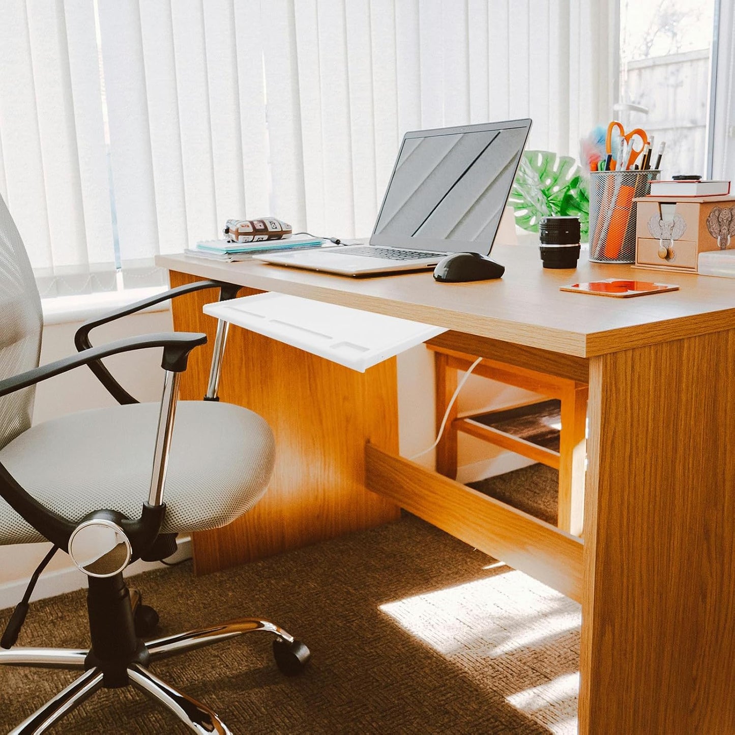 Under Desk Keyboard Tray Sliding Drawer with Rail, Gray-White K1 Set, Multi-Purpose Storage Platform for Office and Home Computer Organization