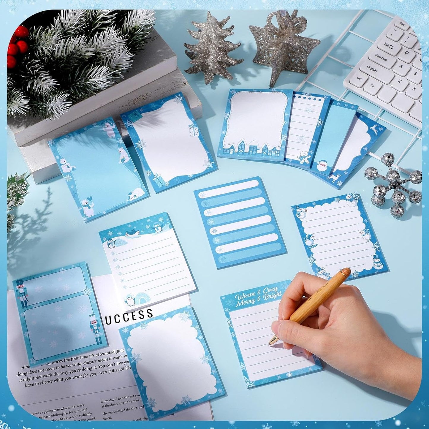12 Pcs Christmas Sticky Notes Christmas Design Self Adhesive Note Pads Winter Snowflake Sticky Memo Blue Cartoon Snowman Penguin Notepad for Xmas Gift Office Home Supplies Present
