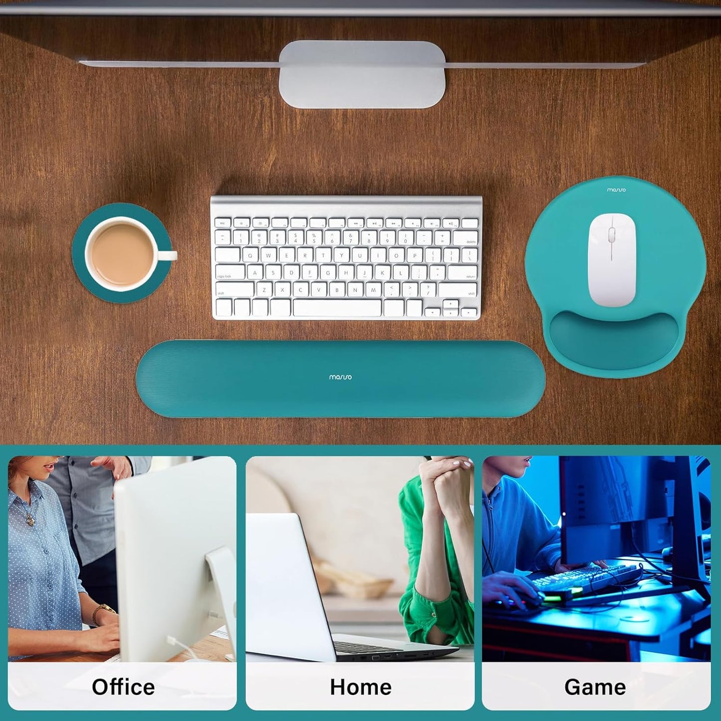 MOSISO Wrist Rest Support for Mouse Pad&Keyboard Set, Circle Curved Ergonomic Mousepad&Coaster Non-Slip Base Home/Office Pain Relief&Easy Typing Pad with Soft Cloth&Silicone Lining, Teal Green