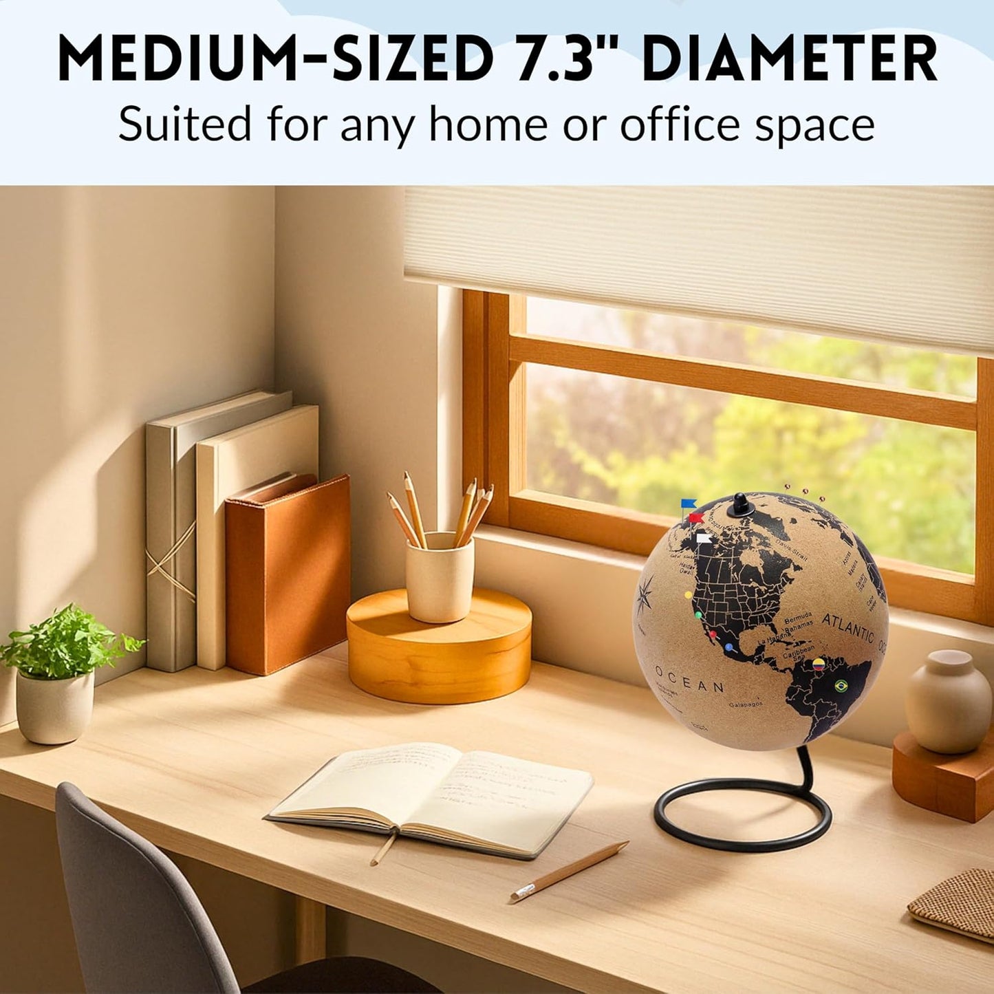 Medium Cork Globe 9.4" Tall | Perfect Holiday Gift for Travelers | World Travel Map with Metallic, Colored & National Flags Pins | 3D World Map Pin Board for Home or Office | Push Pin Map