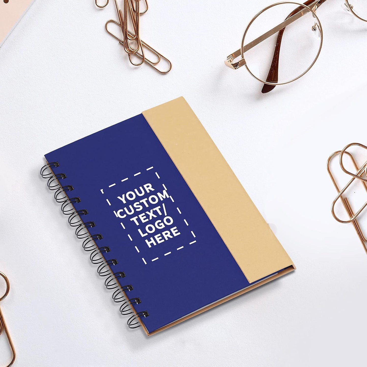 DISCOUNT PROMOS Custom Eco Friendly Spiral Notebooks with Pens Set of 50, Personalized Bulk Pack - Perfect for School, Office, Home - Blue