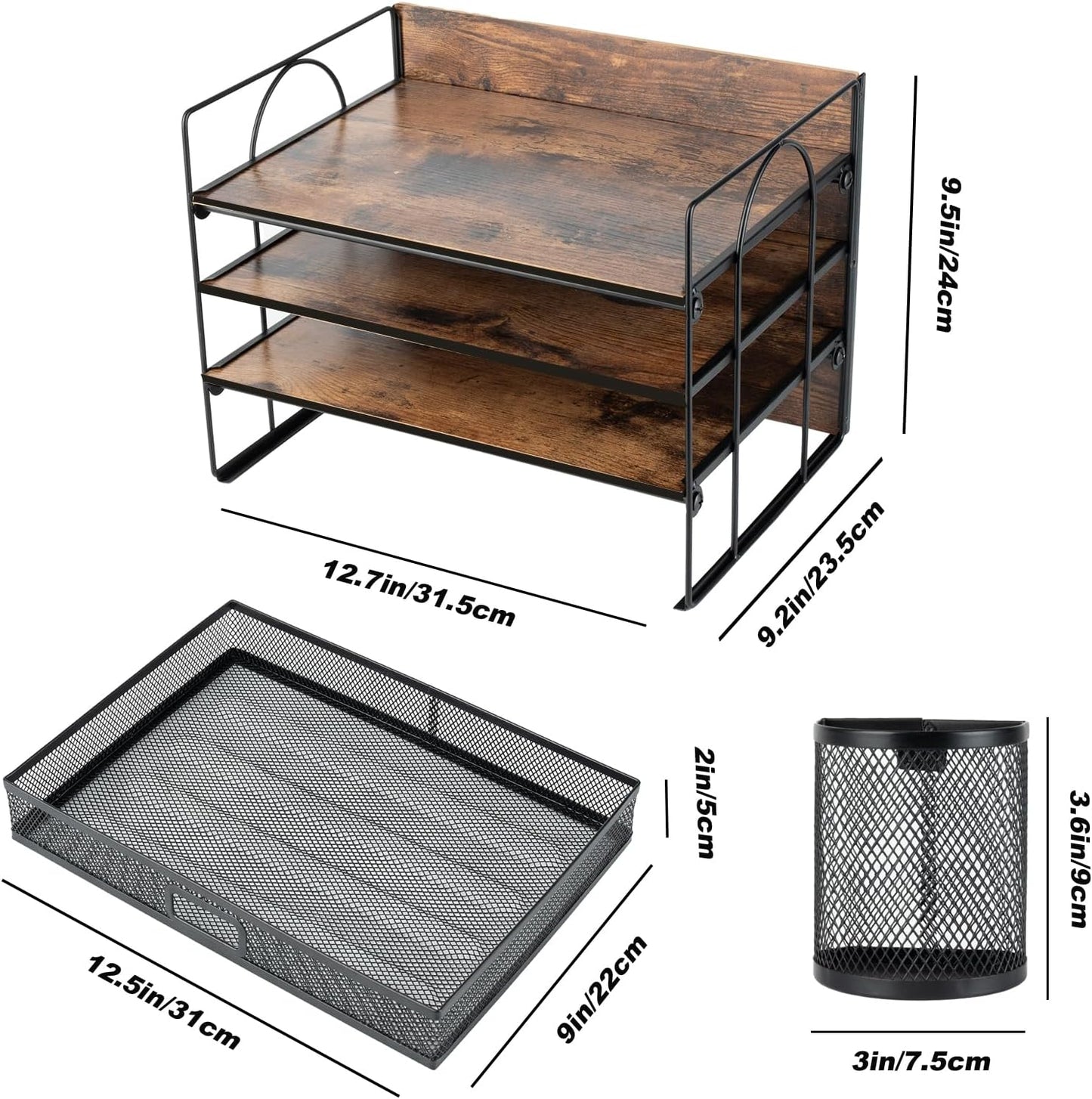 4 Tier Desk Organizers and Accessories, Paper Letter Tray Organizer,Vintage Wood Desk File Organizer with Drawer and 2 Pen Holders for School Home Office Supplies