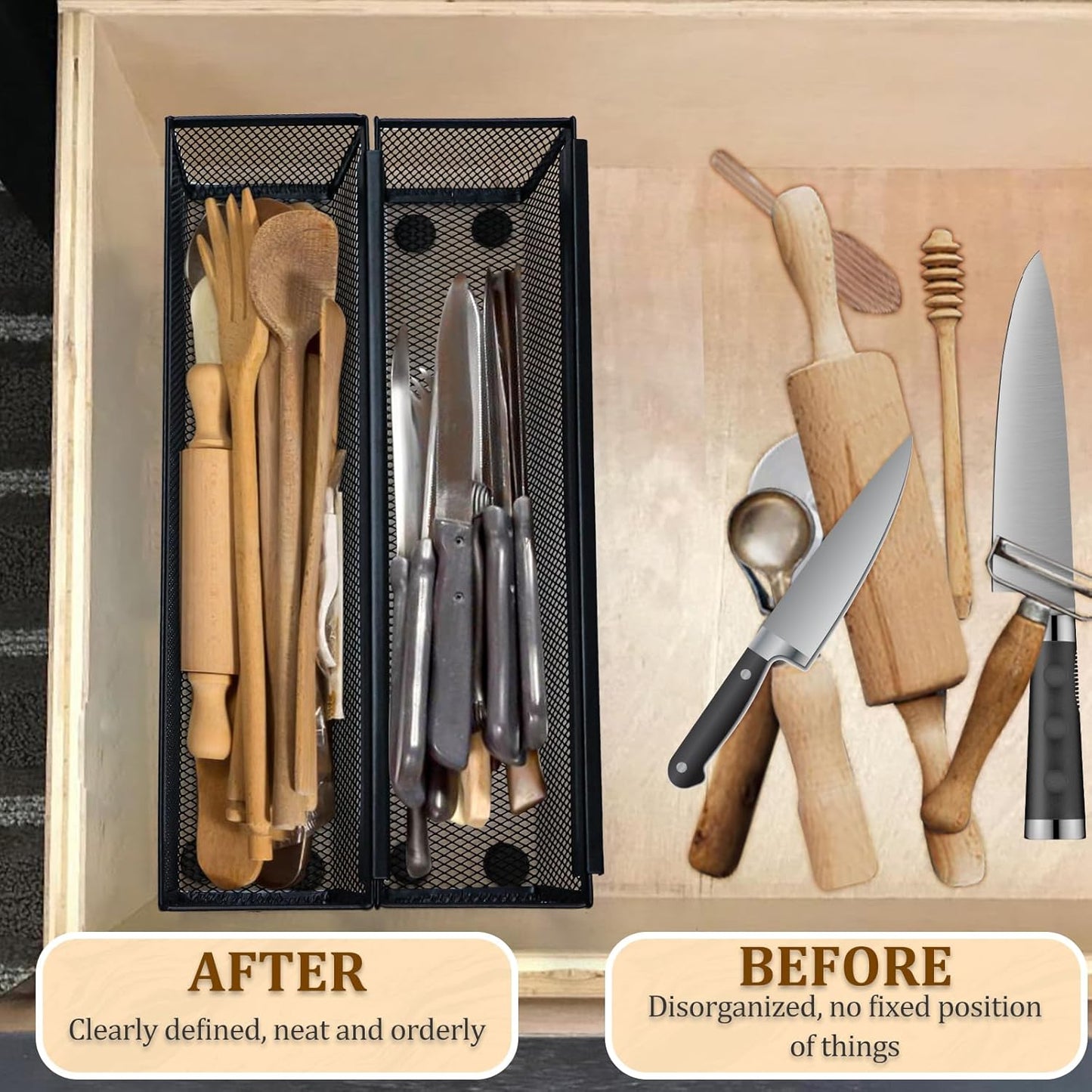 2PCS Drawer Organizer for Kitchen,Utensil Mesh Drawer Organizer with Interlocking Arm for Cosmetic,Flatware,Pen (12 * 3 * 2 Inches,Black)