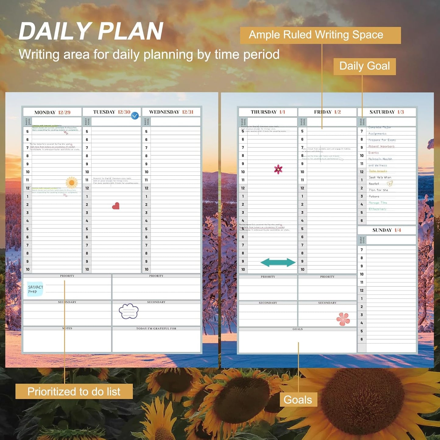CAGIE Planner 2026: 12 Months Jan 2026 - Dec 2026 Calendar Planners Weekly and Monthly 8.5" x 11" Large Spiral Planners for Women Hourly Daily Yearly Agenda with Tabs Stickers, Sunflower