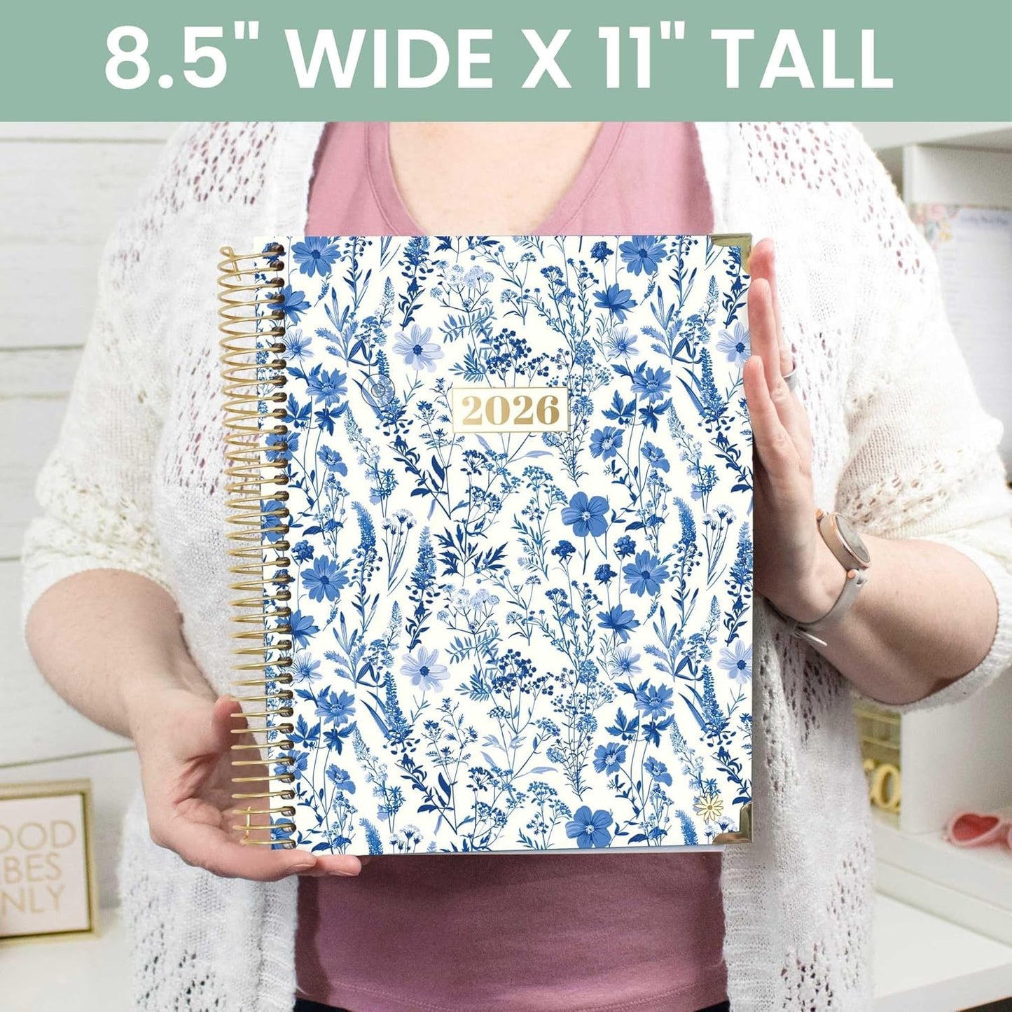 bloom daily planners HARDCOVER 2026 Planner (January to December) - 8.5” x 11” Weekly & Monthly Dated Agenda Organizer Book with Stickers & Tabs - Blue & White Floral