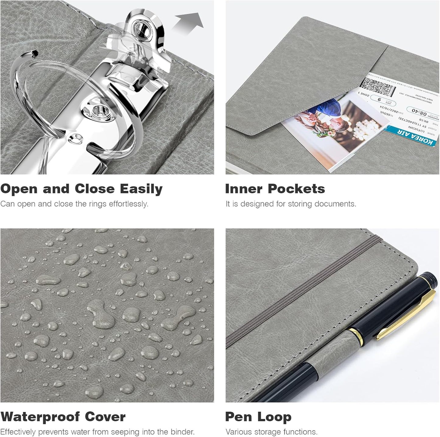 Ospelelf 3 Ring Binder With Clipboard 1 Inch Leather for Letter Size (8.5" x 11"), 5 Tab Dividers Office Supply, Grey