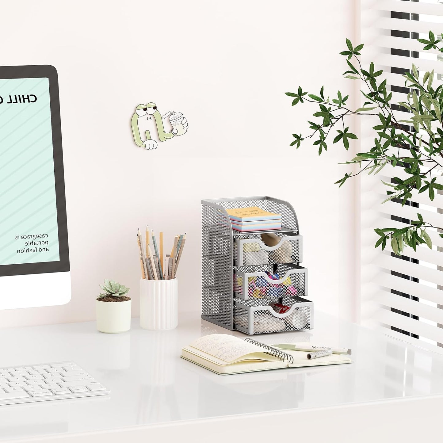 EasyPAG Mesh Desk Organizer with 3 Drawer Office Desktop Organizers and Accessories Stationery Caddy for Office, Home, Students, Silver