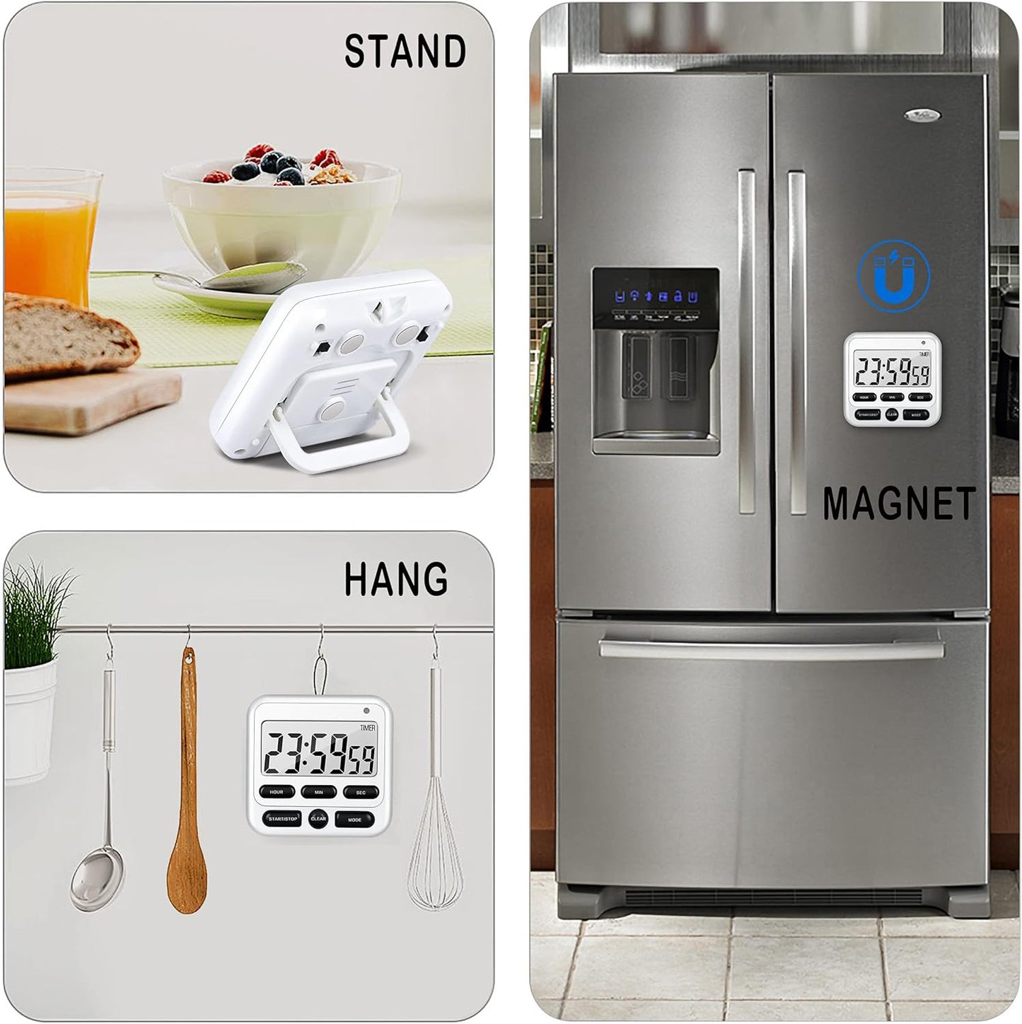 KTKUDY Digital Kitchen Timer with Mute/Loud Alarm Switch ON/Off Switch, 12-Hour Clock & Alarm, Memory Function Count Up & Count Down for Kids Teachers Cooking, Large LCD Display, Strong Magnet (White)