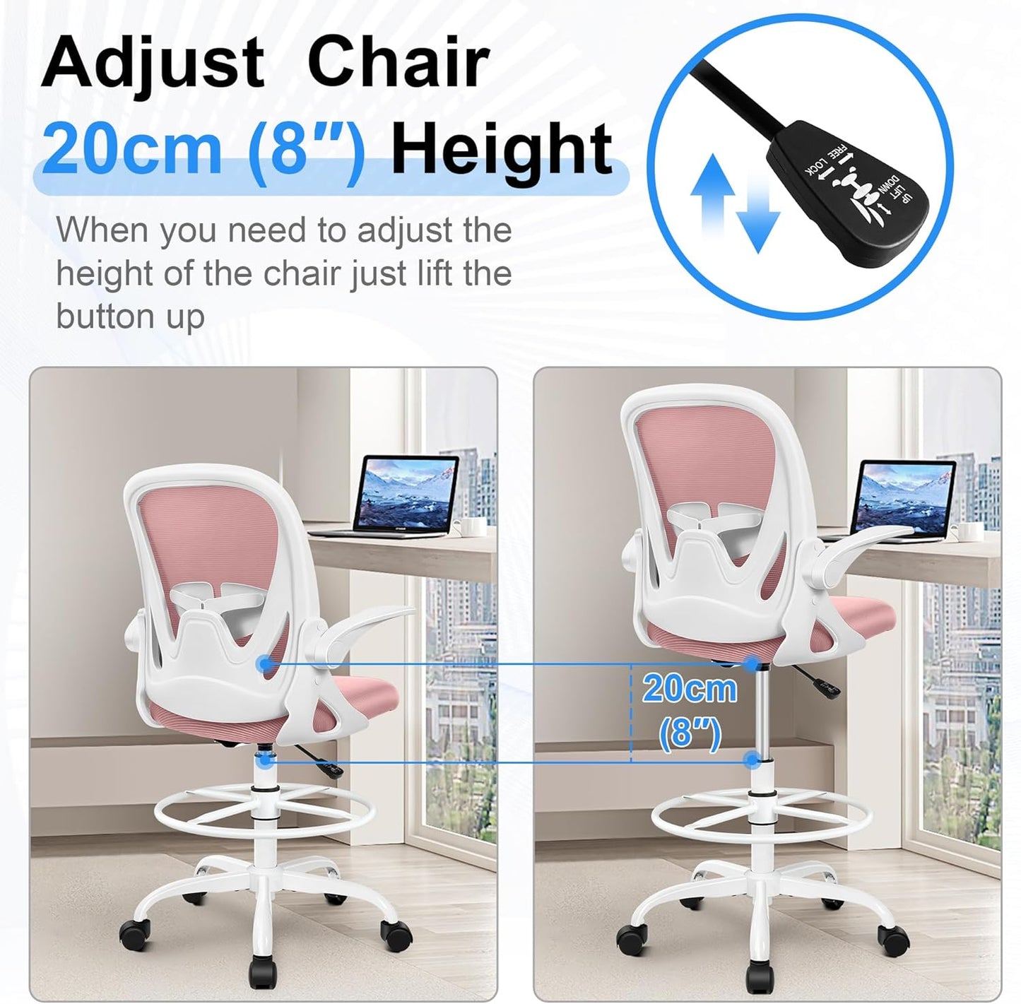 Primy Drafting Chair Tall Office Chair with Flip-up Armrests Executive Ergonomic Computer Standing Desk Chair with Lumbar Support and Adjustable Footrest Ring (Rose Quartz)