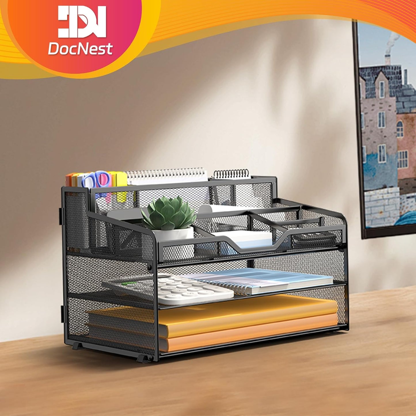 Docnest 3 Tier Mesh Desk Organizer for Paper Office Supplies – Multi-Functional Letter Tray with 5 Adjustable Compartments, 3 Pen Holders, Desktop Storage for Files, Mail, Stationery – Black