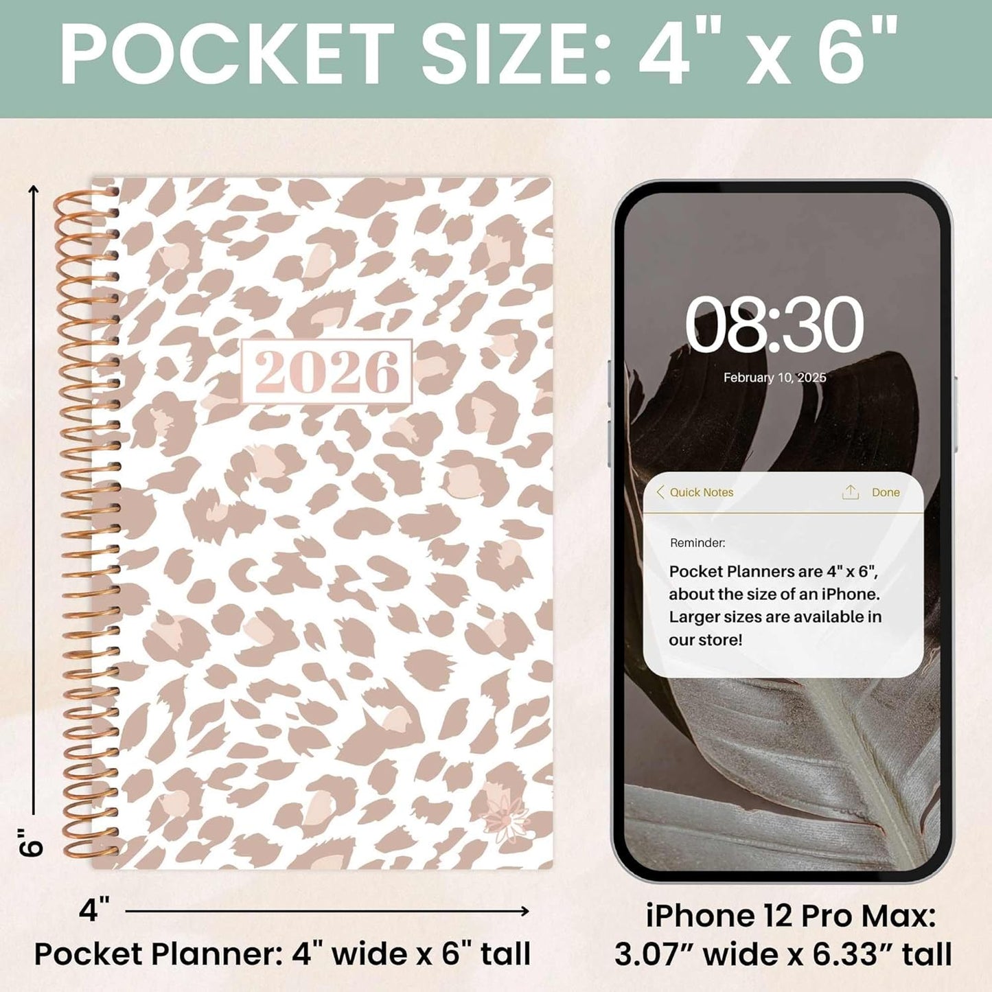 bloom daily planners 2026 Pocket Planner - 4” x 6” - (January 2026 - December 2026) - MINI Weekly/Monthly Agenda Organizer & Calendar Book - Tan Leopard