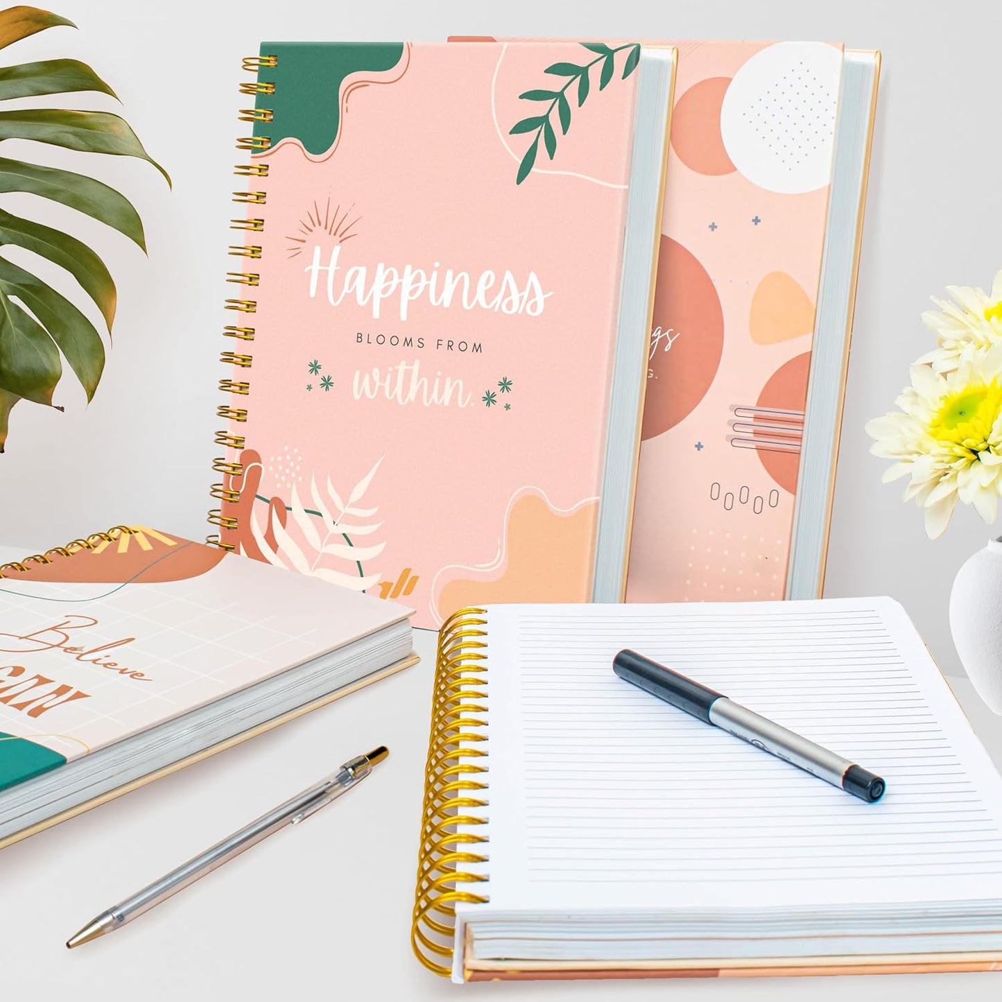 Spiral Journal - 10.25" x 7.25" 300 Pages - Cute Spiral Notebooks, Work Journal Notebook for Women, Spiral Journal Hardcover, Work Notebook for Women (Happiness Blooms) Abstract