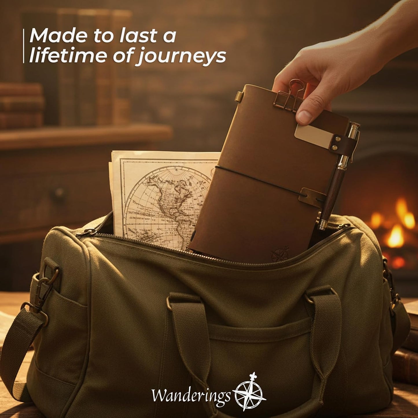 WANDERINGS A5 Travelers Notebook/Handcrafted Genuine Leather Journal - 6"x8.5"/15cmx22cm Refillable Travel Journal with Pen Holder, Pen, 2 extra Ink Refills, PVC Folder, Binder Clip