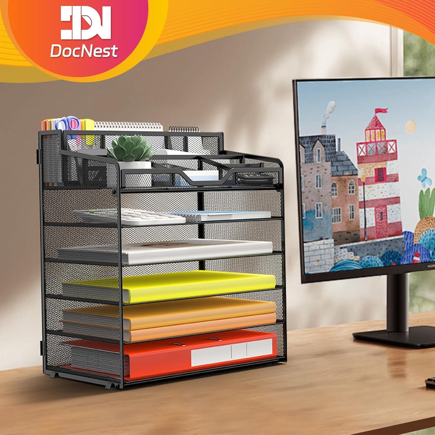 Docnest 6 Tier Mesh Desk Organizer for Paper Office Supplies – Multi-Functional Letter Tray with 5 Adjustable Compartments, 3 Pen Holders, Desktop Storage for Files, Mail, Stationery – Black