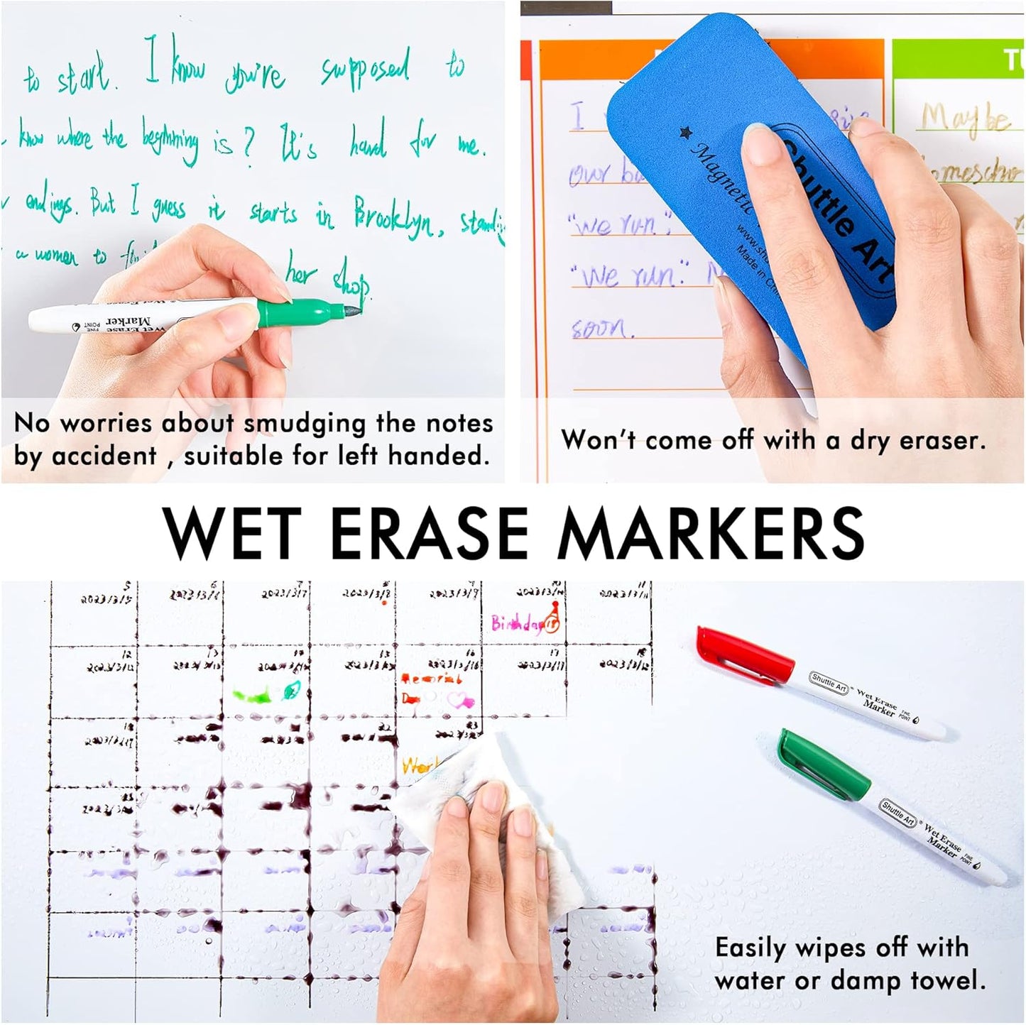 Shuttle Art Wet Erase Markers, 12 Colors 1mm Fine Tip Overhead Projectors Transparency Smudge-Free Markers, Works for Laminated Calendars Whiteboard Schedule Glass, Wipe with Water