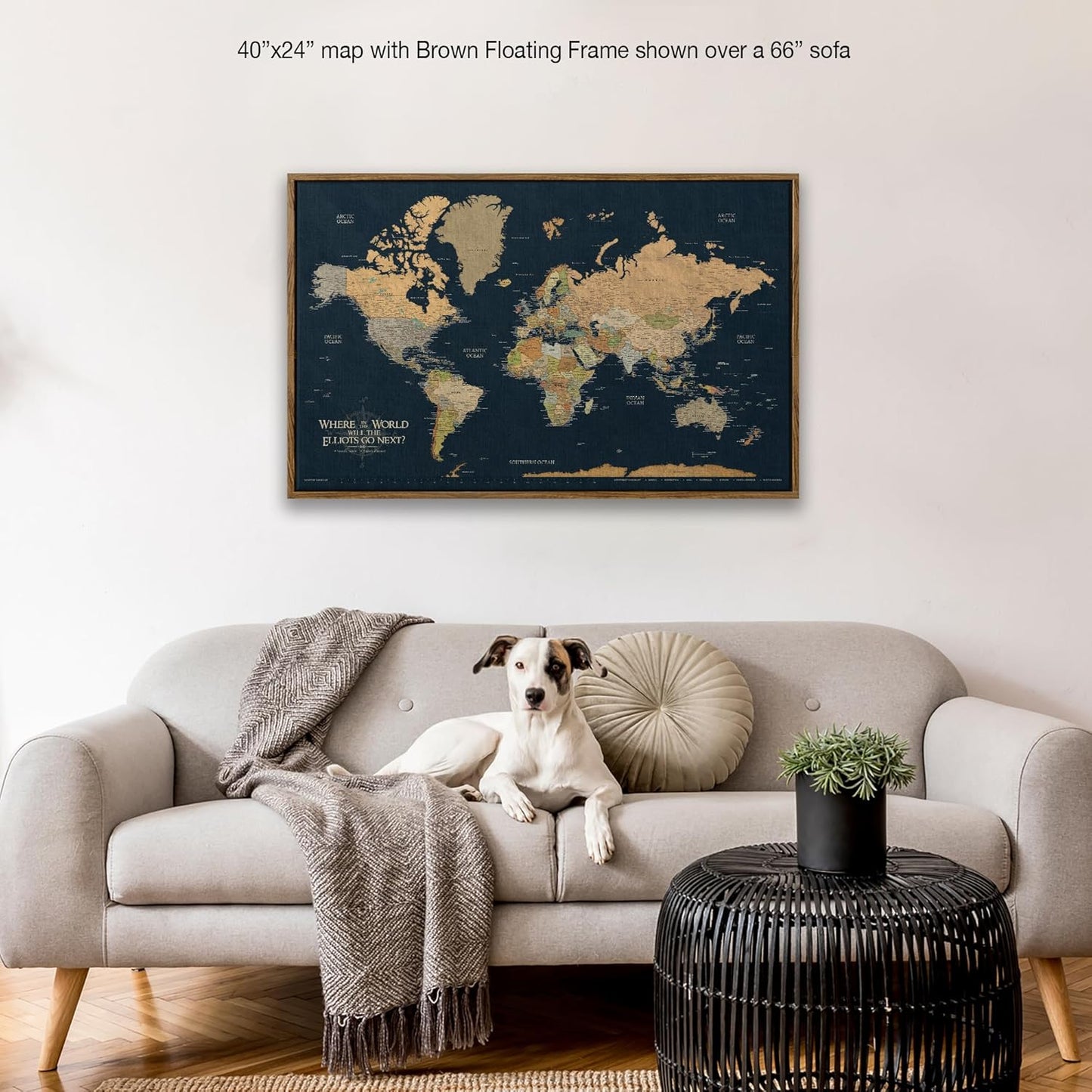 HolyCowCanvas Personalized Push Pin World Map on Canvas in Classic Earth Tones on Navy Background, World Map Pin Board, Travel Tracker to Mark Places Traveled (40x24, Rolled/Unframed)