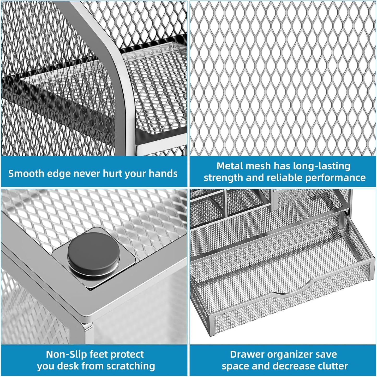Marbrasse Mesh Pen Holder for Desk, Pen Organizer with Drawer, Multi-Functional Pencil Organizer, Desk Organizers and Accessories for Office Art Supplies (Silver)