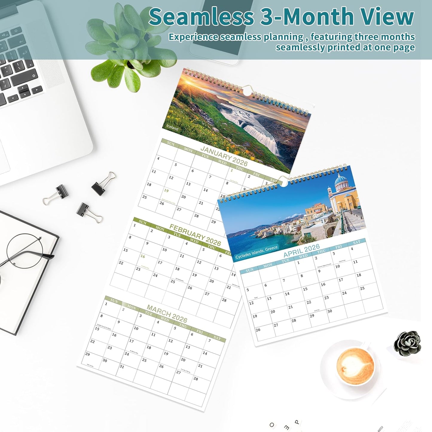 2026 Calendar - 3 Month Calendar 2026 Wall Calendar, 14 Months December 2025-January 2027, Vertical 3-Month Display Calendars 2026, 12 Unique Patterns 3 Month Wall Calendars 2026, 12"ร26"