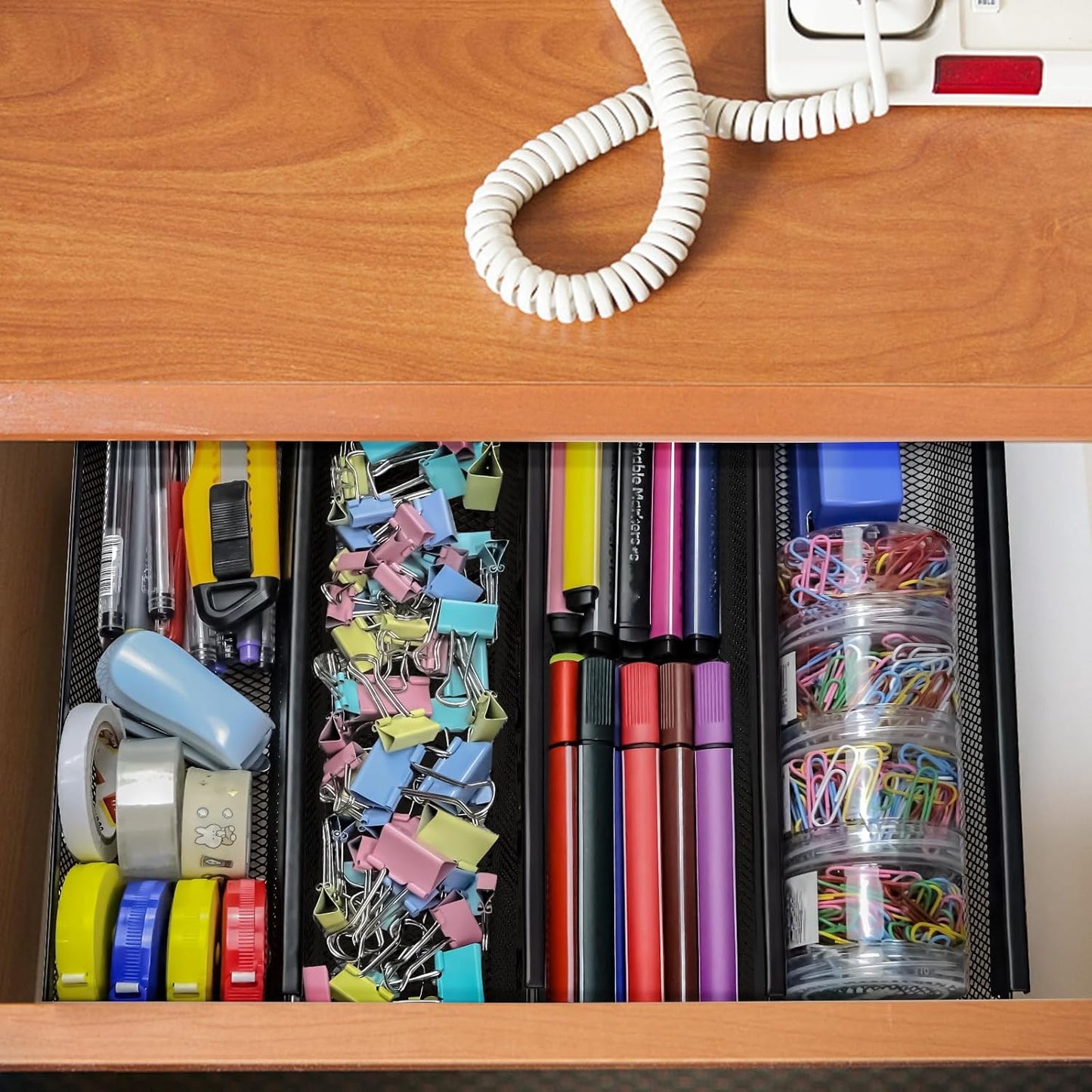 4PCS Drawer Organizer for Kitchen,Utensil Mesh Drawer Organizer with Interlocking Arm for Cosmetic,Flatware,Pen (9 * 3 * 2 Inches,Black)