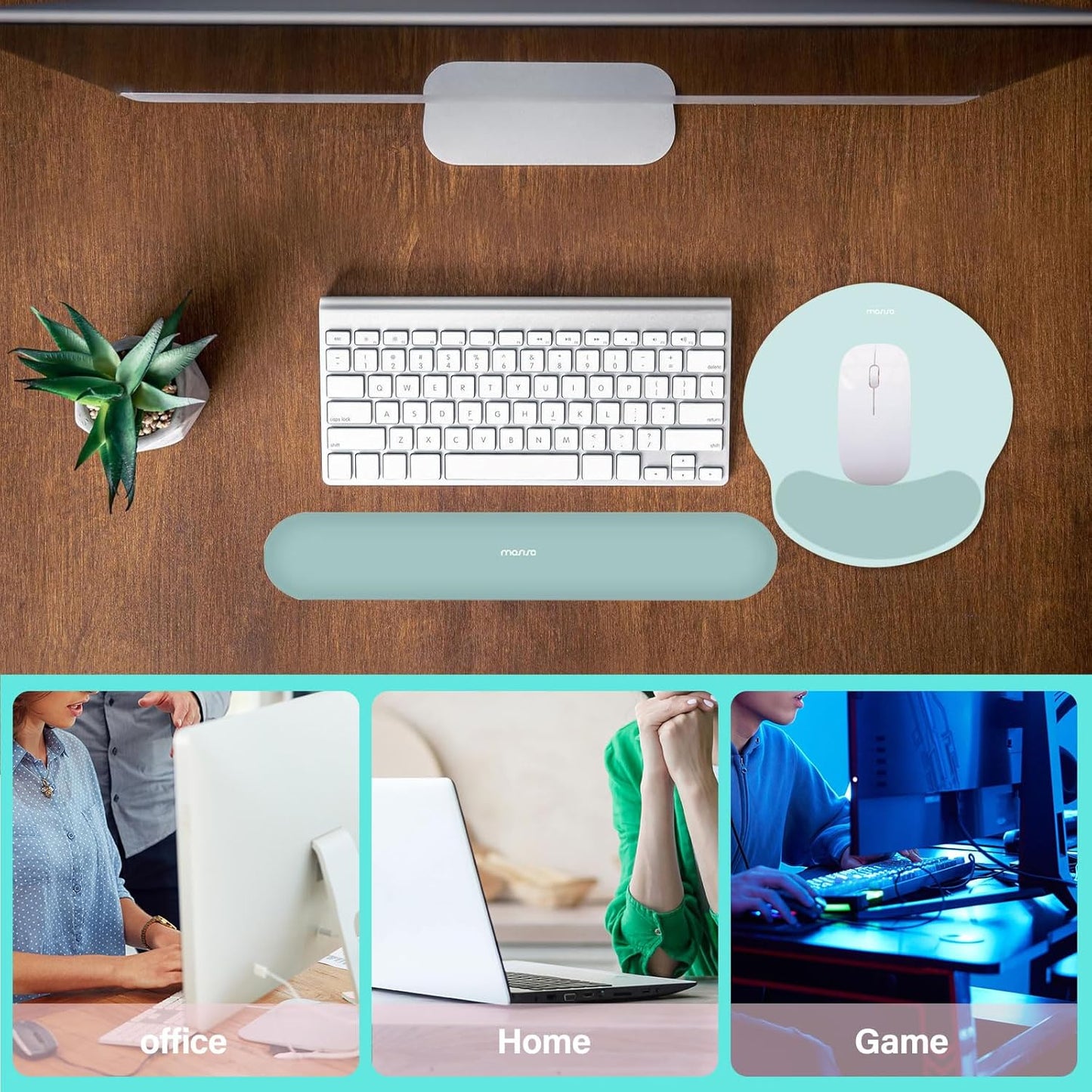 MOSISO Wrist Rest Support for Mouse Pad&Keyboard Set, Circle Curved Ergonomic Mousepad&Coaster Non-Slip Base Home/Office Pain Relief&Easy Typing Pad with Soft Cloth&Silicone Lining, Aquamarine