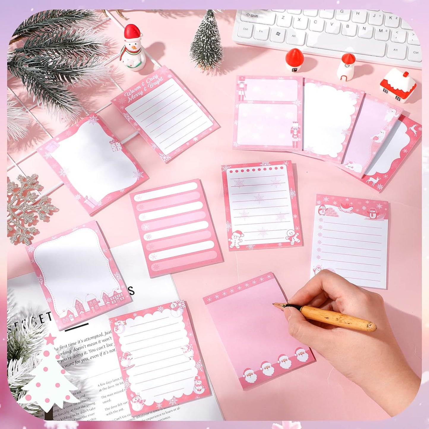 12 Pcs Christmas Sticky Notes Pink Christmas Notepad Santa Snowflake Snowman Self Adhesive Memo Pads Xmas Gift Cute Decorative Notepad Winter Party Favor for Office Winter Holiday Gift
