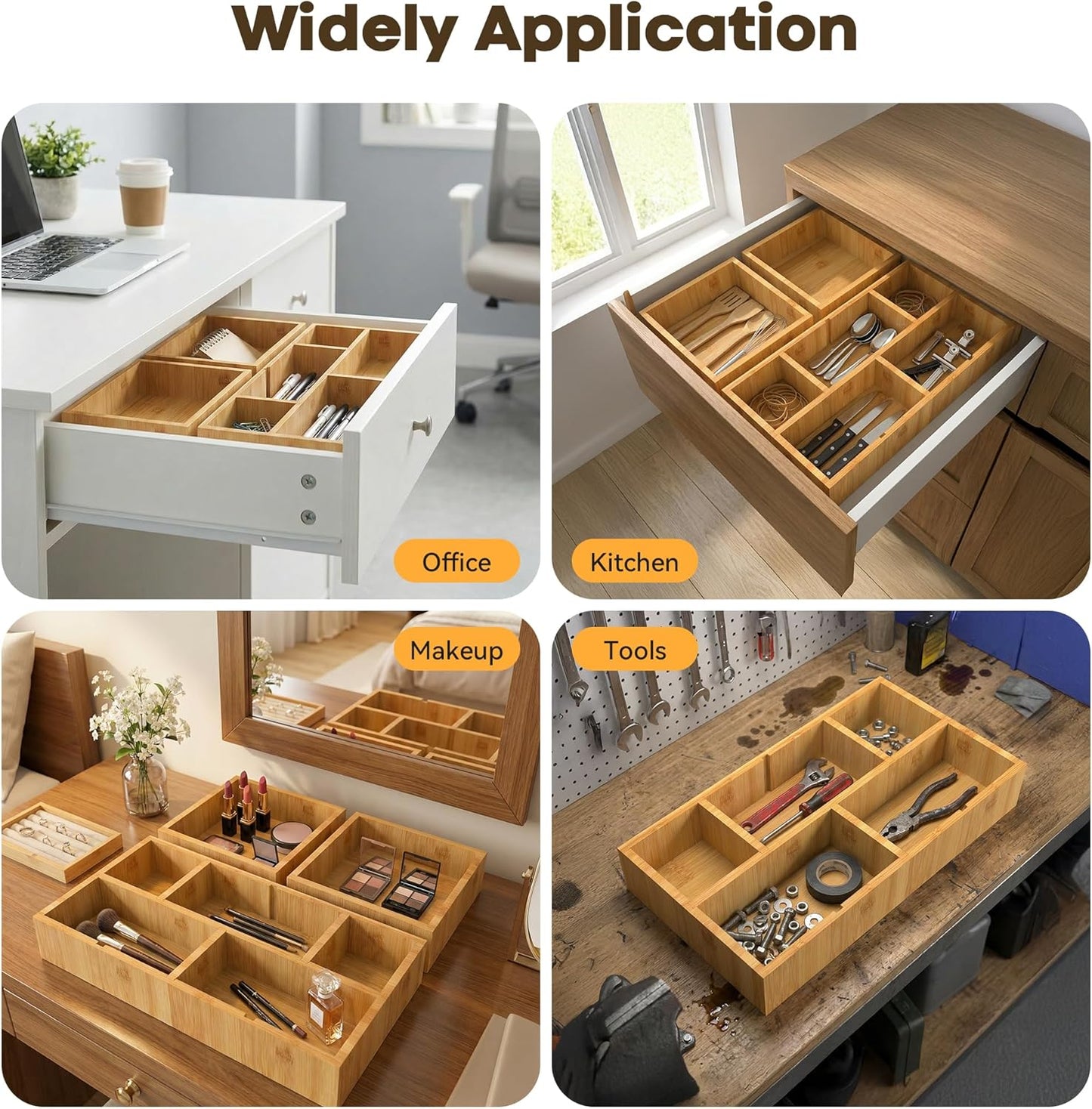 KOCWELL Bamboo Desk Drawer Organizer with Removable Dividers,Multi-Use Office Drawer Organizer Tray,Junk Drawer Organizers for Office,School,Kitchen,Makeup Supply(Original)