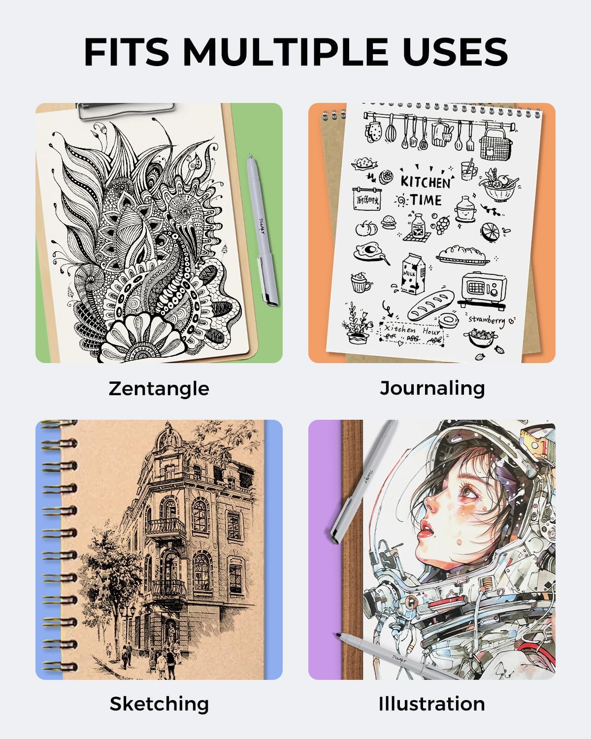 JusArt Fineliner Pens, 6 Pcs, 0.25mm Ultra Fine Point Pens 01, No Bleed, Waterproof Black Pigment Ink Pens for Artists Beginners, Illustration, Writing, Journaling, Crafters, Technical Drawing pens