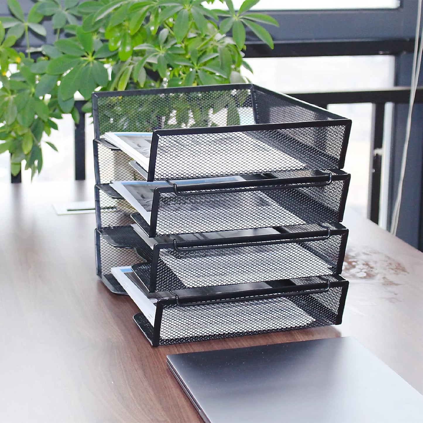 SETTFRFE 4 Tier Metal Mesh Desk Organizer-Stackable Letter Trays for Office Supplies,Black File Storage System with Reinforced Edges