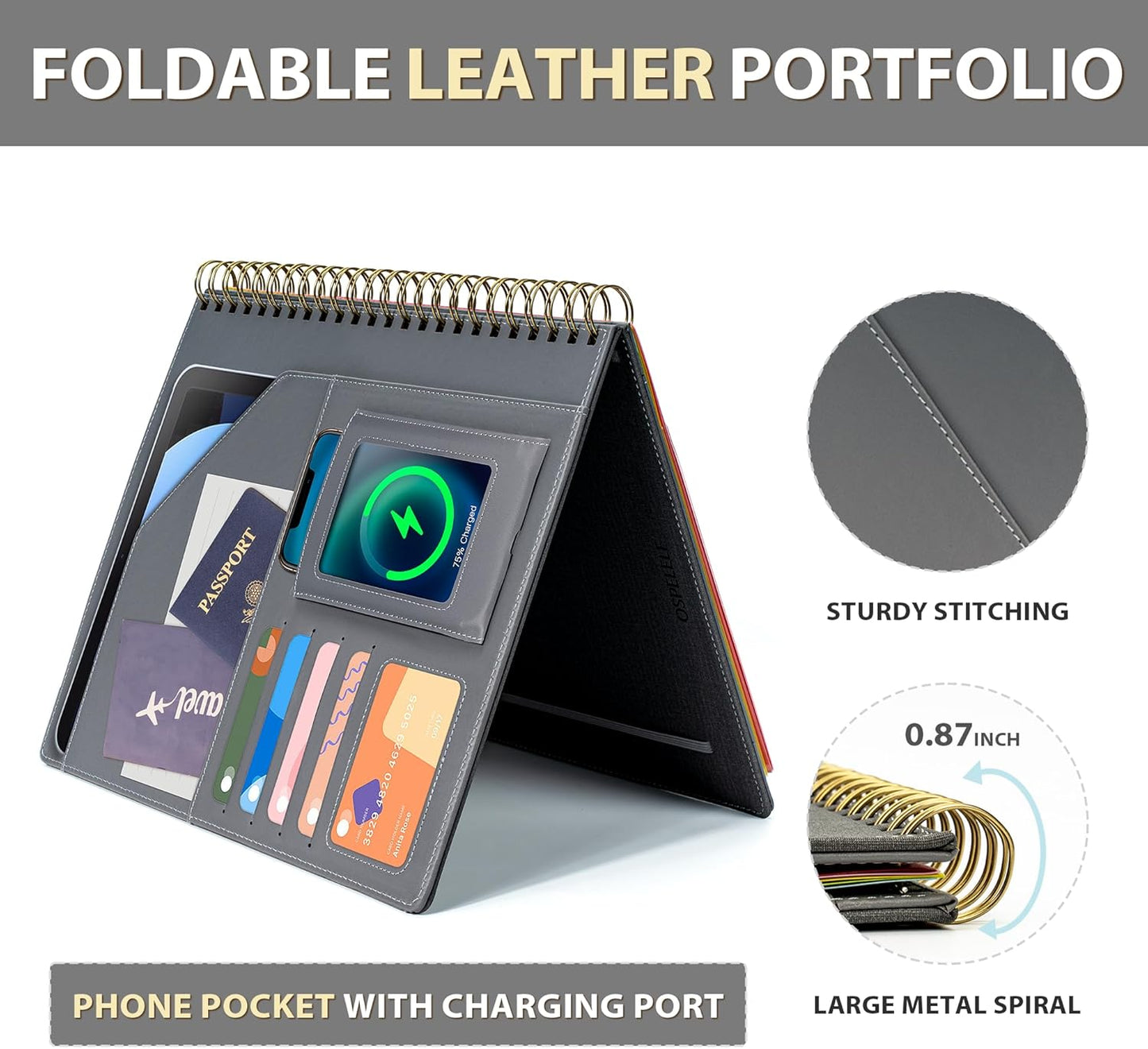 Ospelelf Clipboard with Storage for Men Women, Leather Padfolio Portfolio Organizer 5 Folders with 10 Pockets, Spiral Clipboard Folio with Notepad for Letter Size, Elastic Closure and Pen Loop Grey