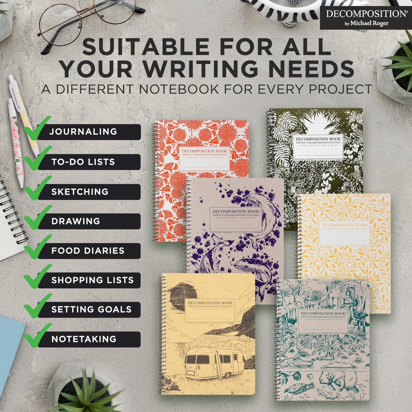 Decomposition 3-Pack Floral Harmony College Ruled Spiral Notebook - 9.75 x 7.5 Journal with 160 Lined Pages - 100% Recycled Paper - Cute Notebooks for School Supplies, Home & Office - Made in USA