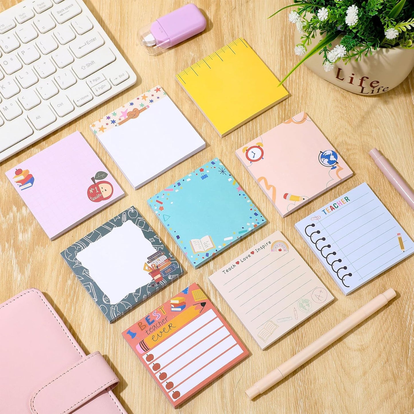 9 Pads Teacher Sticky Notes 3x3 Inch Cute Self Stick Notepads Notes Adhesive Memo Pad Office Decor Gifts for Students School Teacher Meeting Office Supplies