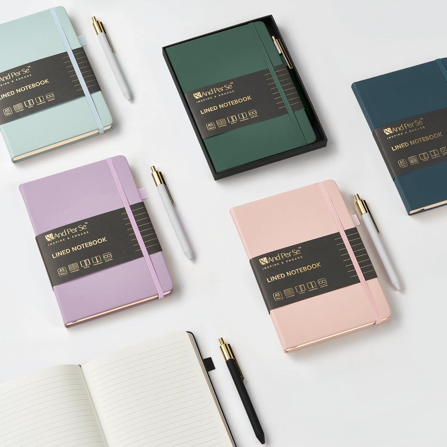 &And Per Se Lined Journal and Pen Set, A5 Leather Journal Stationery Set, 160 Pages 100GSM Thick Paper, Notebook Gift Set (Light Brown)