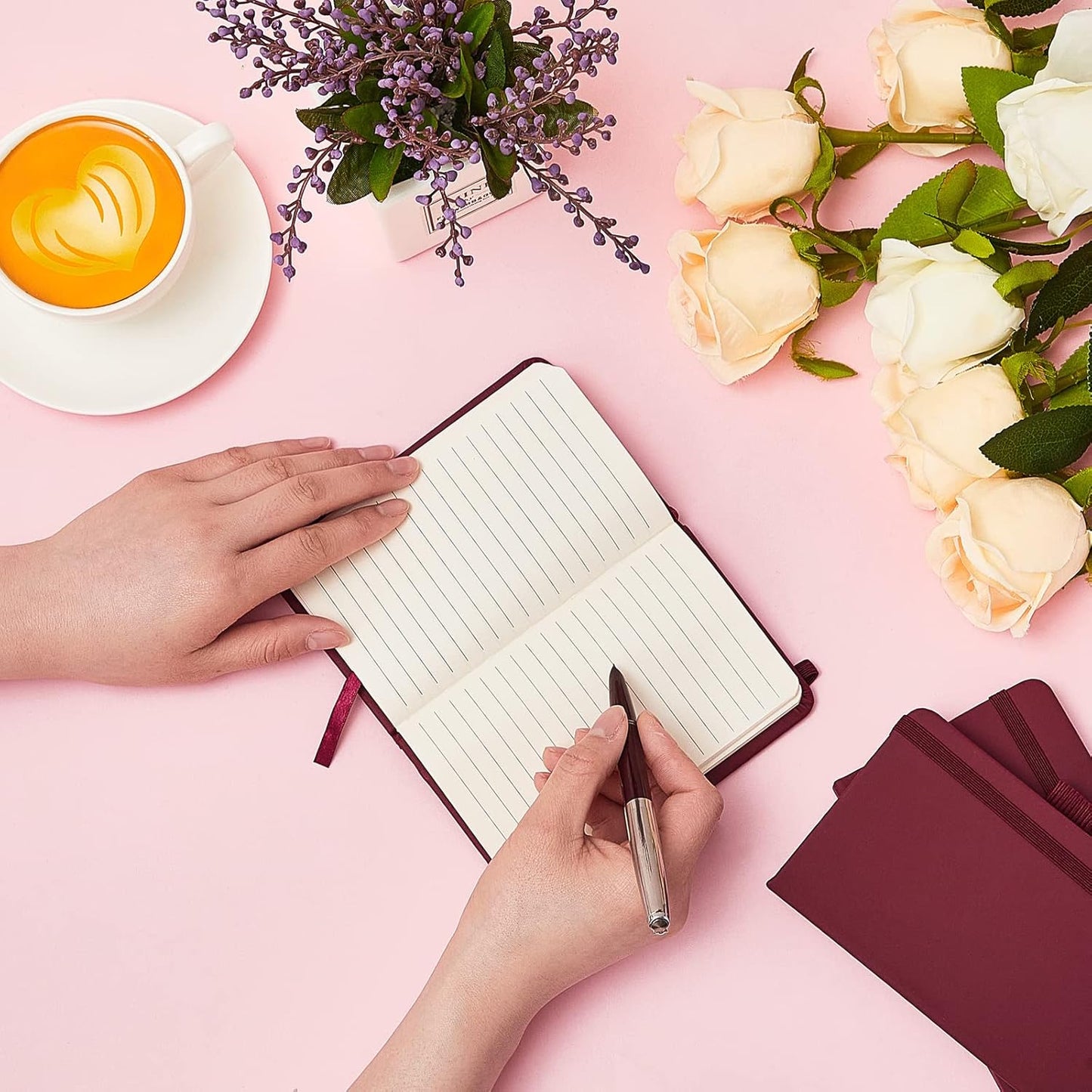 Laumoi Small Notebooks A6 Pocket Journals 3.5 x 5.5 Inch Small Leather Notebook Mini Ruled Lined Journal with Elastic Band Pen Holder Page Marker Ribbons(Wine Red,40 Pieces)