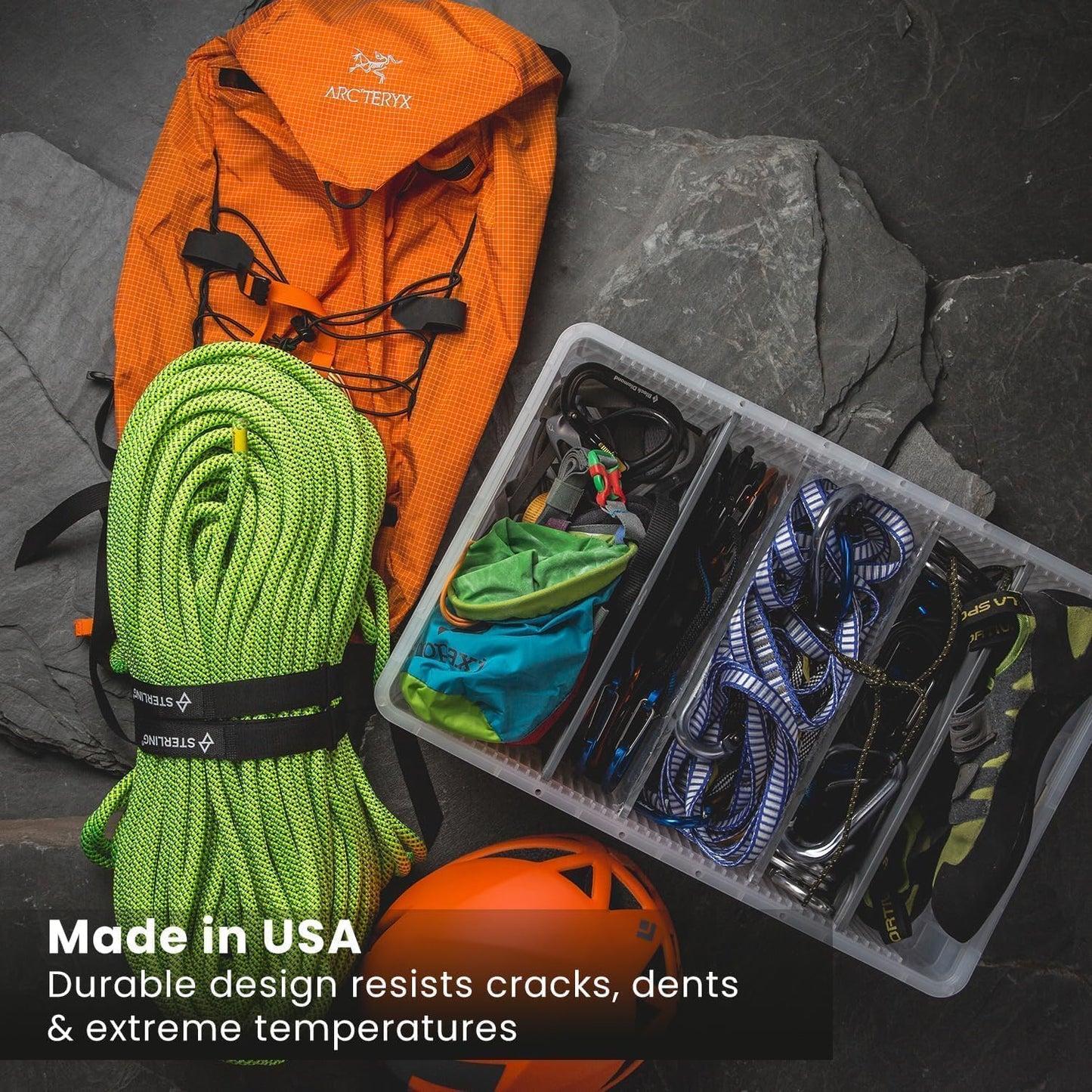 SIDIO Weather Resistant Stackable Storage Bins for Organization - Half-Size Plastic Bin with Dividers for Garage Organization, Home Storage - Heavy Duty Organizer Box (Sol)