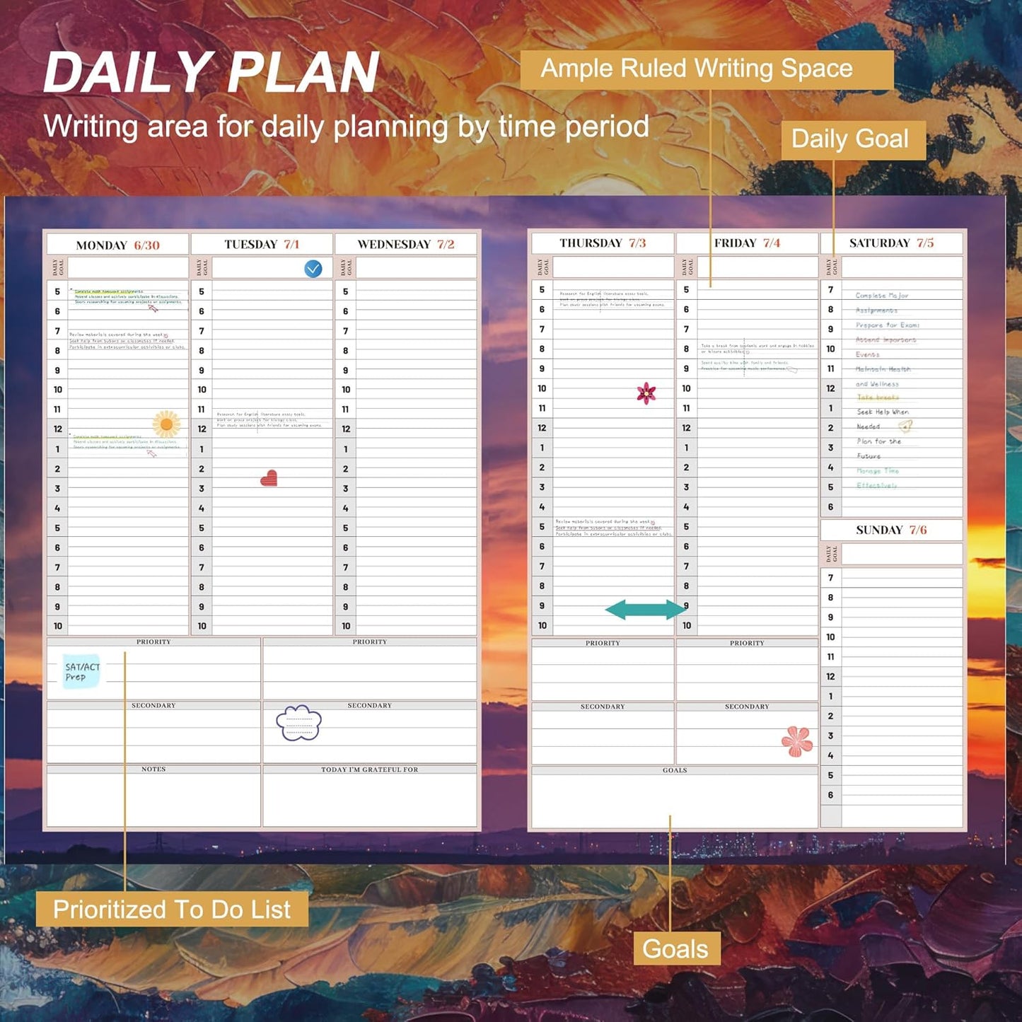 CAGIE Planner 2025-2026 Monthly: 12 Months July 2025 - June 2026 Calendar Daily Weekly Yearly Agenda 8.5" x 11" Large Academic Spiral Planners for Women with Tabs Stickers, Sunset