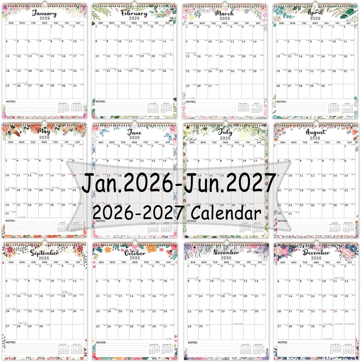 2026-2027 Wall Calendar 12" x 17", Hanging Large 18 Monthly Wall Calendars 2026-2027 from Jan. 2026 - Jun. 2027, Large 2026 Wall Calendar with Blocks, Holidays, To-do & Notes Great for Organizing