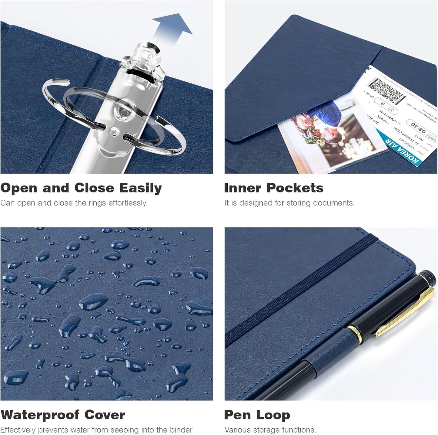 Ospelelf 3 Ring Binder With Clipboard - 2 Inch Vintage Leather Organizer for Letter Size (8.5" x 11"), Professional Dividers With 5 Tabs, Dark Blue